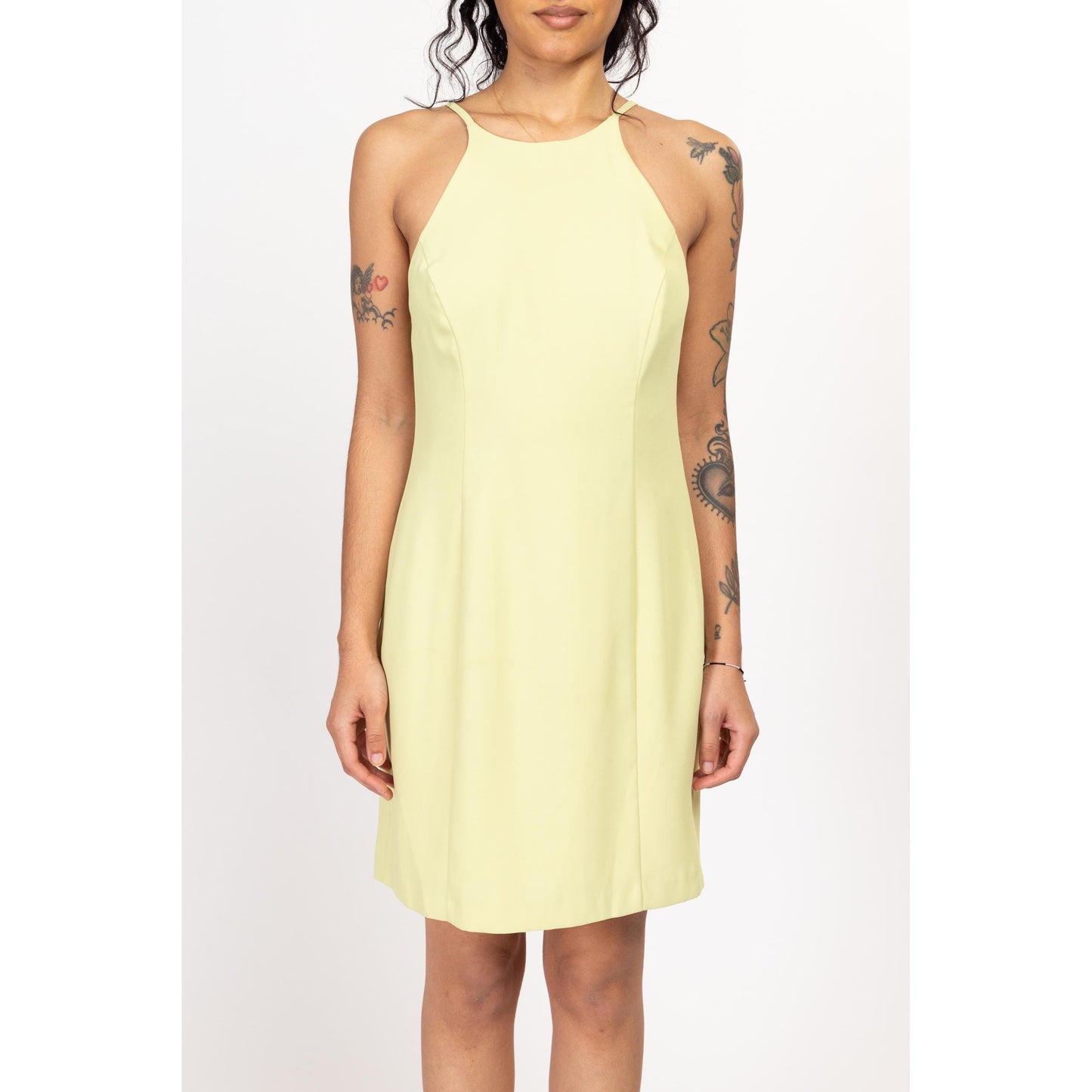 Medium 90s Chartreuse Keyhole Back Mini Party Dress | Vintage A Line Sleeveless Cocktail Dress