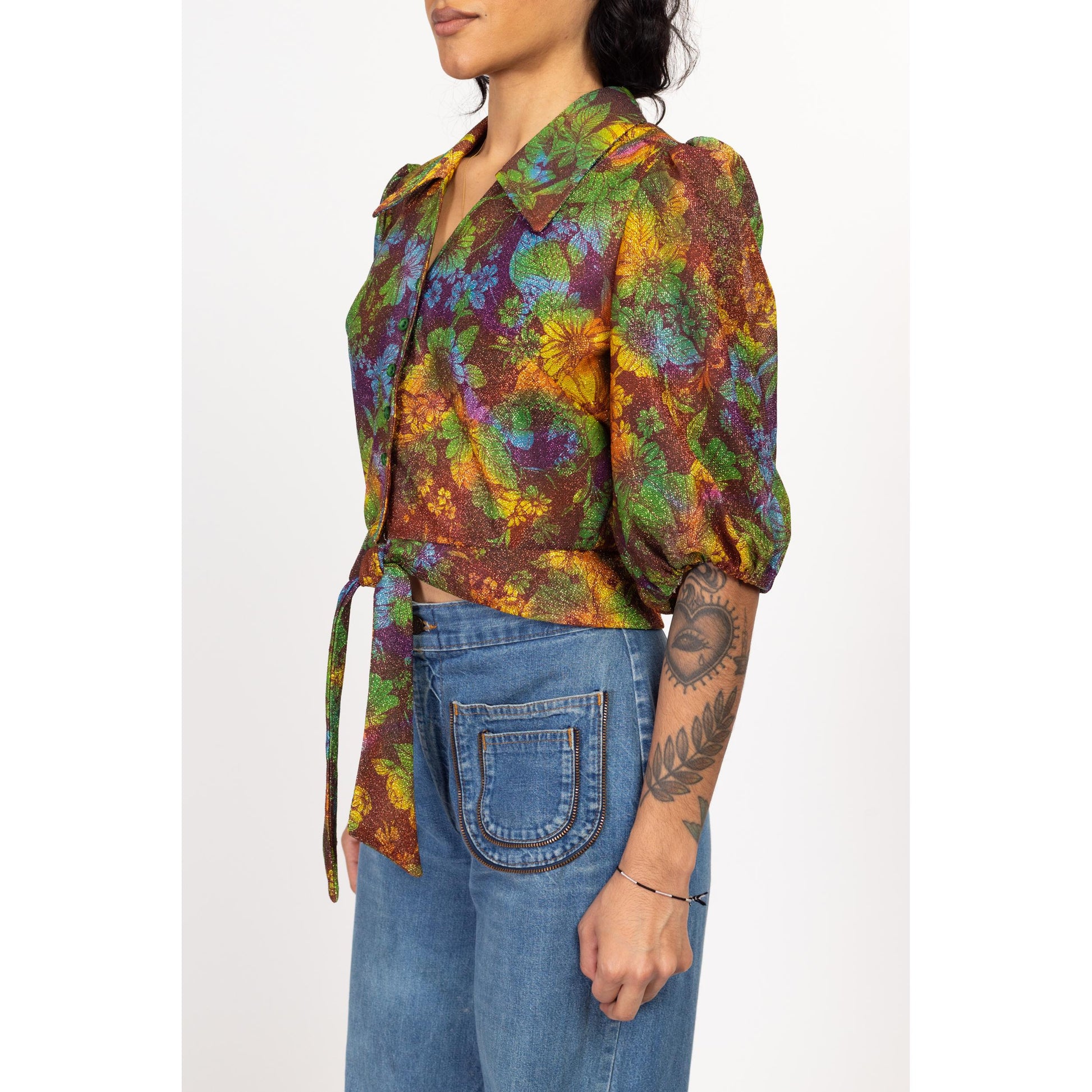 Small 70s Metallic Floral Tie Front Crop Top | Boho Vintage Pointed Collar Button Up Cropped Disco Blouse