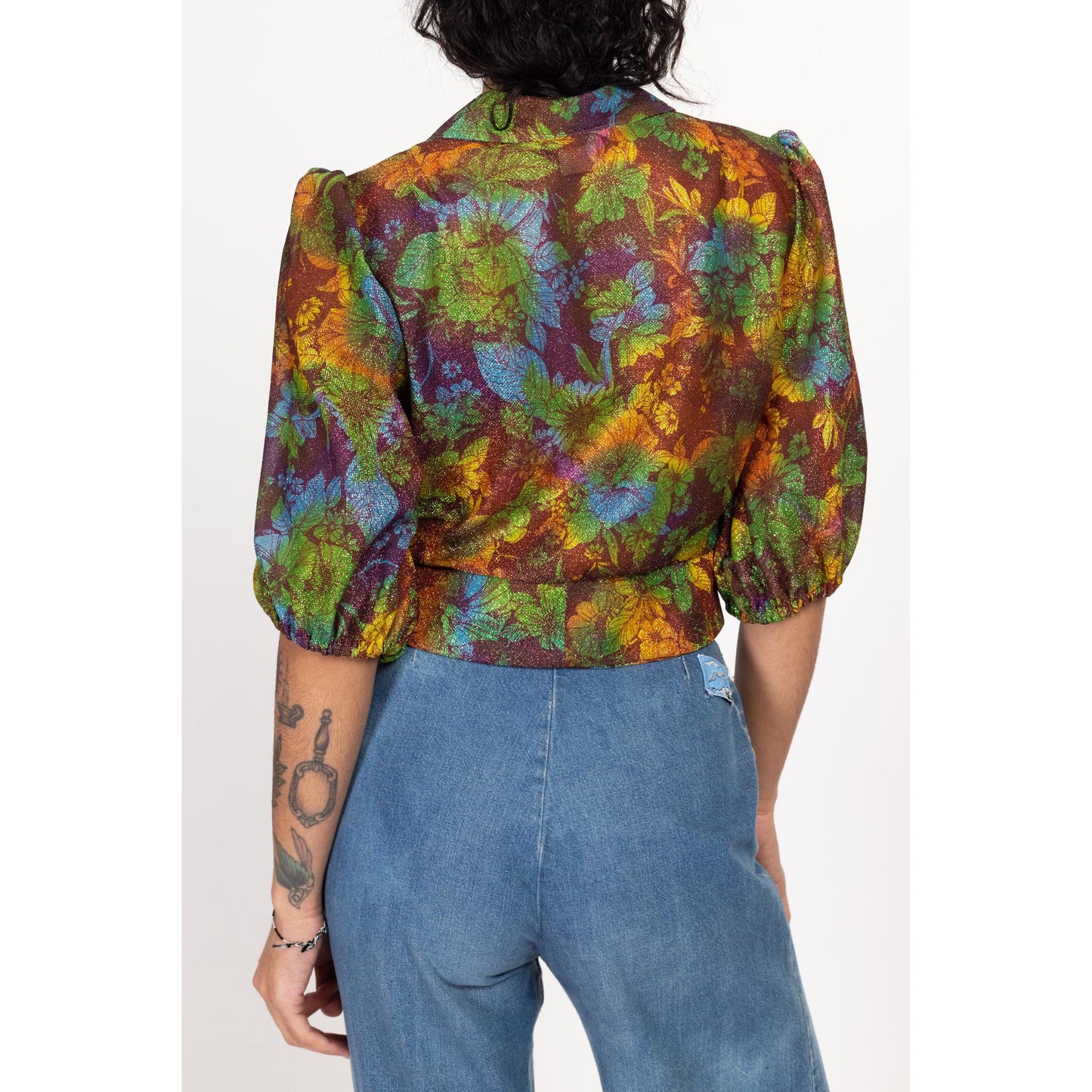 Small 70s Metallic Floral Tie Front Crop Top | Boho Vintage Pointed Collar Button Up Cropped Disco Blouse