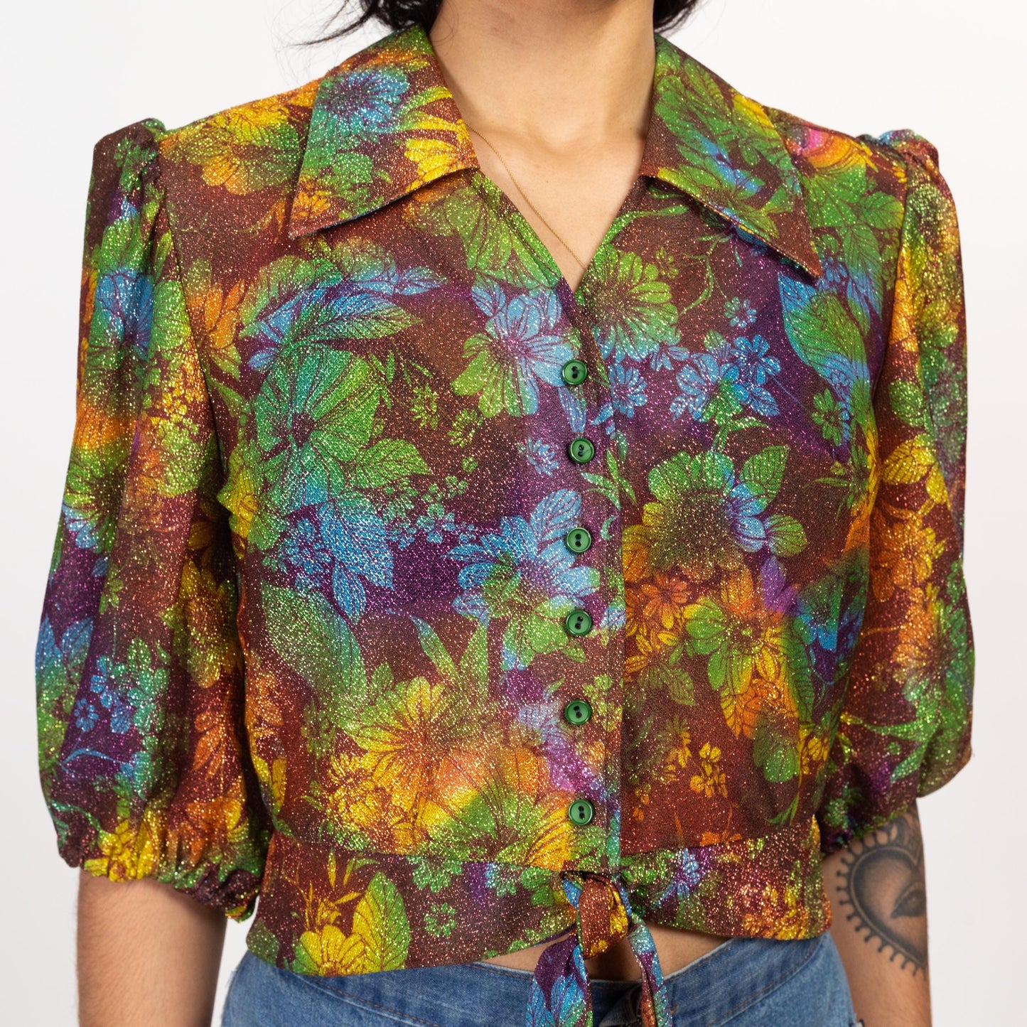 Small 70s Metallic Floral Tie Front Crop Top | Boho Vintage Pointed Collar Button Up Cropped Disco Blouse