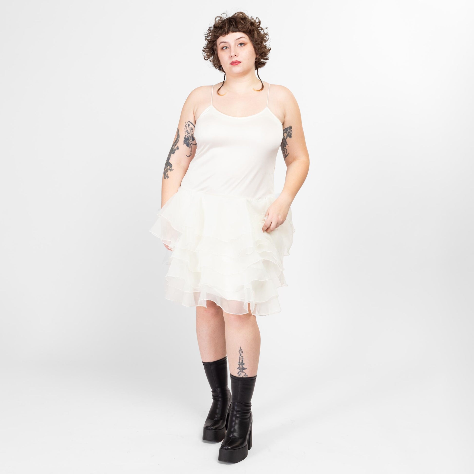 XL 80s White Ruffled Tutu Mini Dress | Vintage Tiered Skirt Spaghetti Strap Party Dress