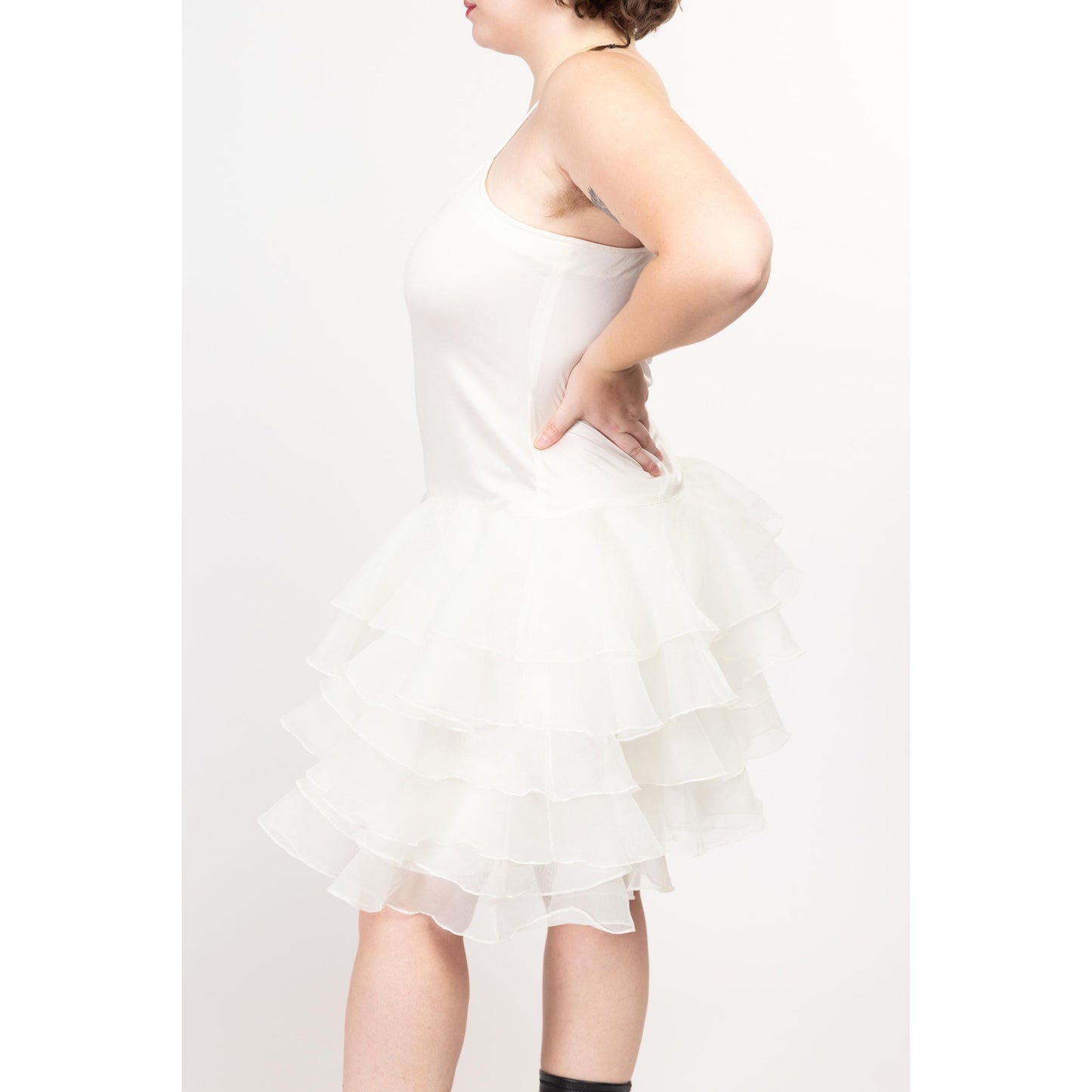 XL 80s White Ruffled Tutu Mini Dress | Vintage Tiered Skirt Spaghetti Strap Party Dress