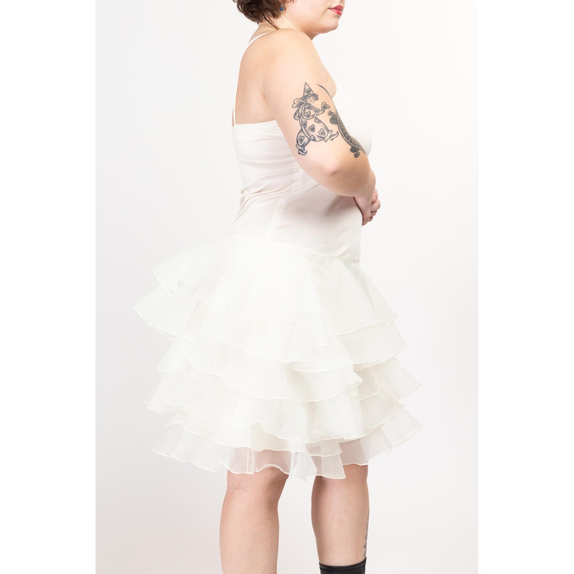 XL 80s White Ruffled Tutu Mini Dress | Vintage Tiered Skirt Spaghetti Strap Party Dress