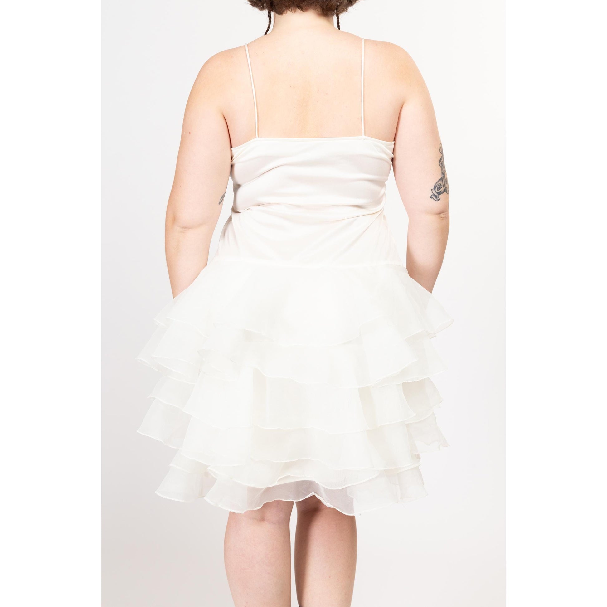 XL 80s White Ruffled Tutu Mini Dress | Vintage Tiered Skirt Spaghetti Strap Party Dress