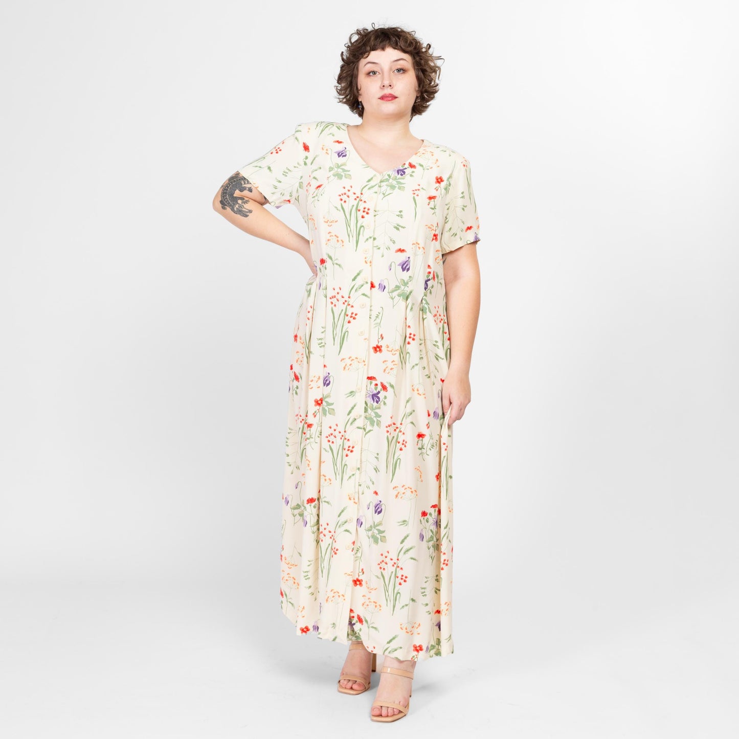 1X 90s Wildflower Floral Print Maxi Dress | Vintage Off White Button Up Short Sleeve V Neck Boho Grunge Sundress