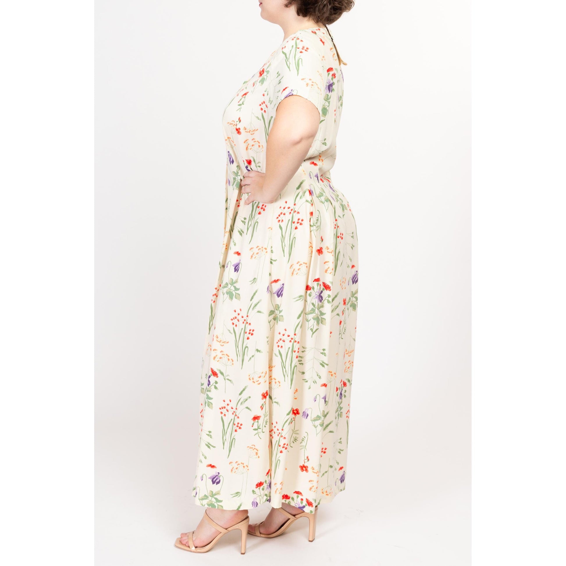 1X 90s Wildflower Floral Print Maxi Dress | Vintage Off White Button Up Short Sleeve V Neck Boho Grunge Sundress