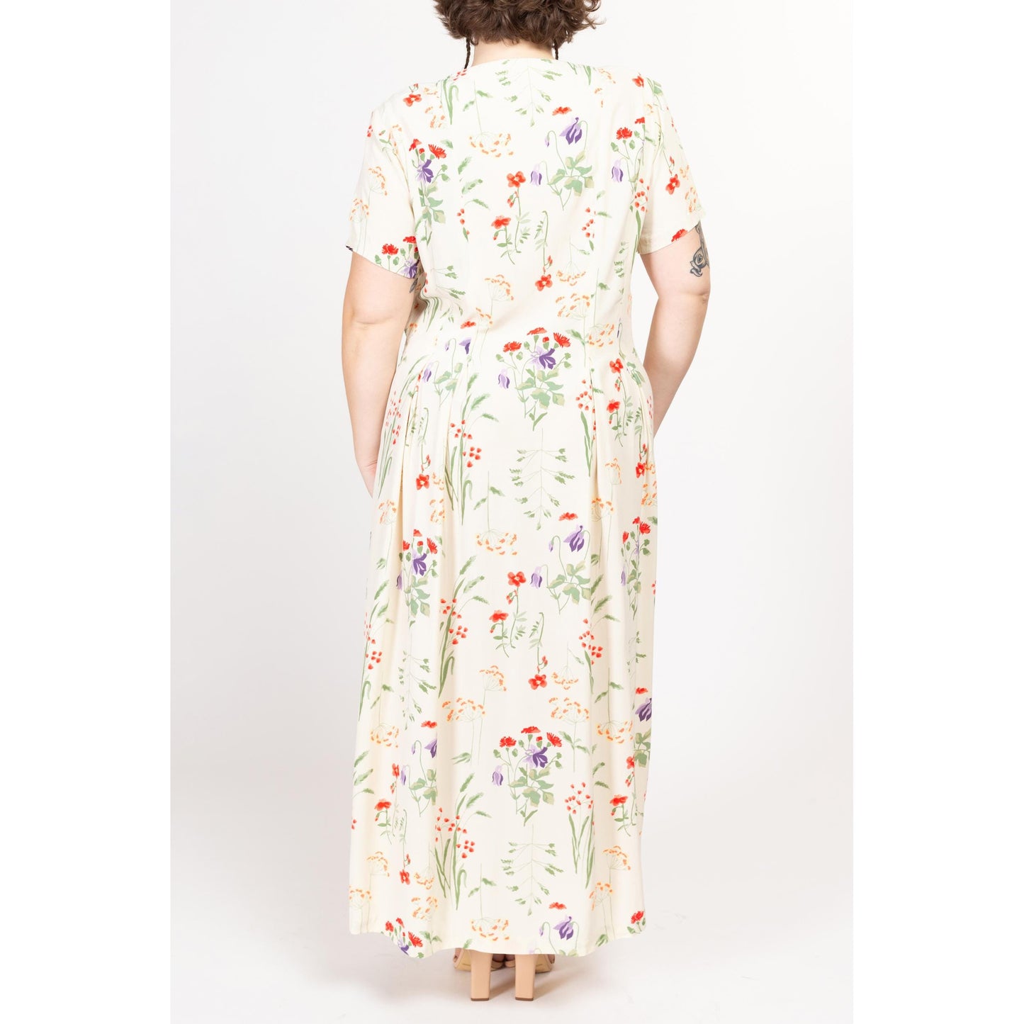 1X 90s Wildflower Floral Print Maxi Dress | Vintage Off White Button Up Short Sleeve V Neck Boho Grunge Sundress