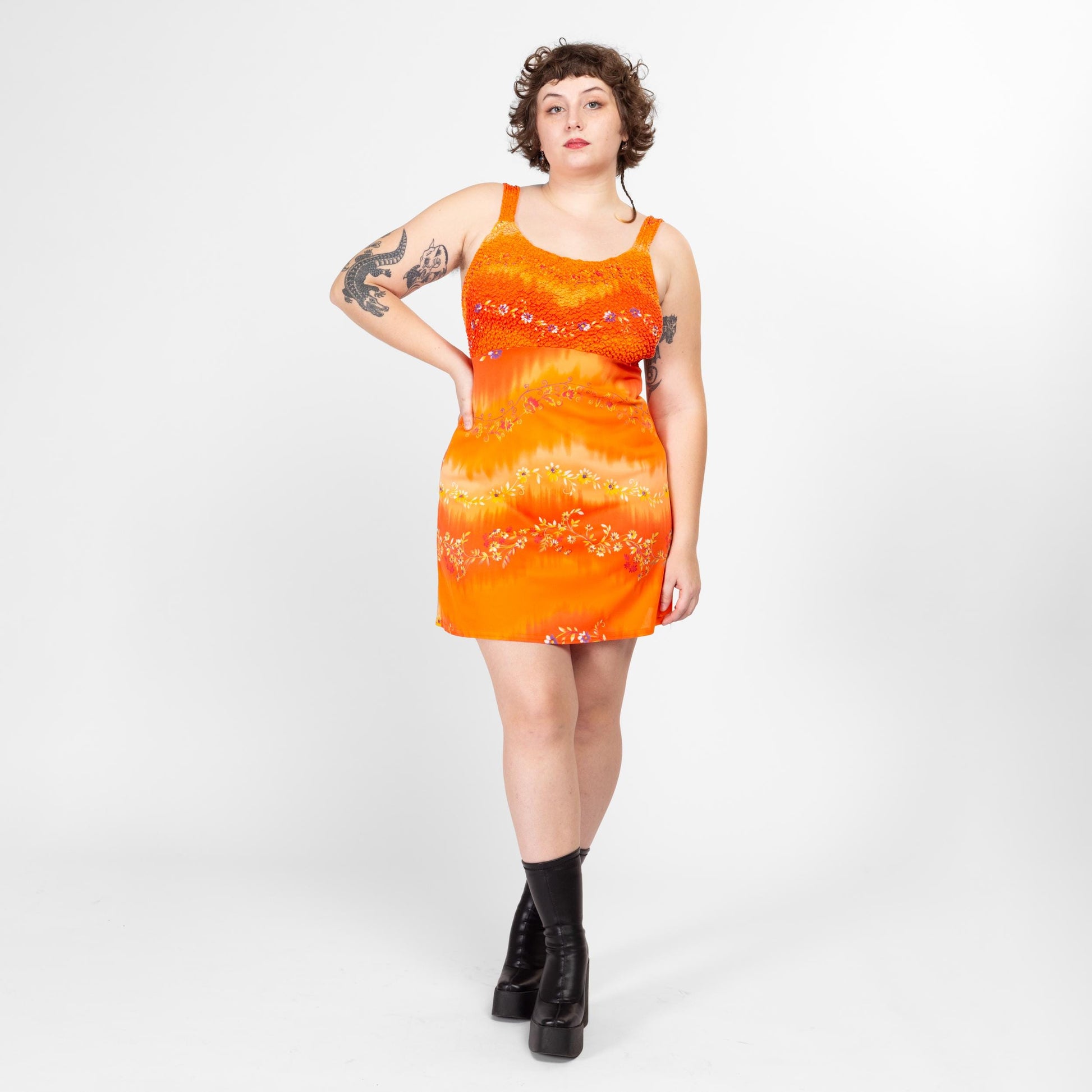 Large 90s Orange Floral Popcorn Bodice Mini Dress | Vintage A Line Boho Tank Sundress