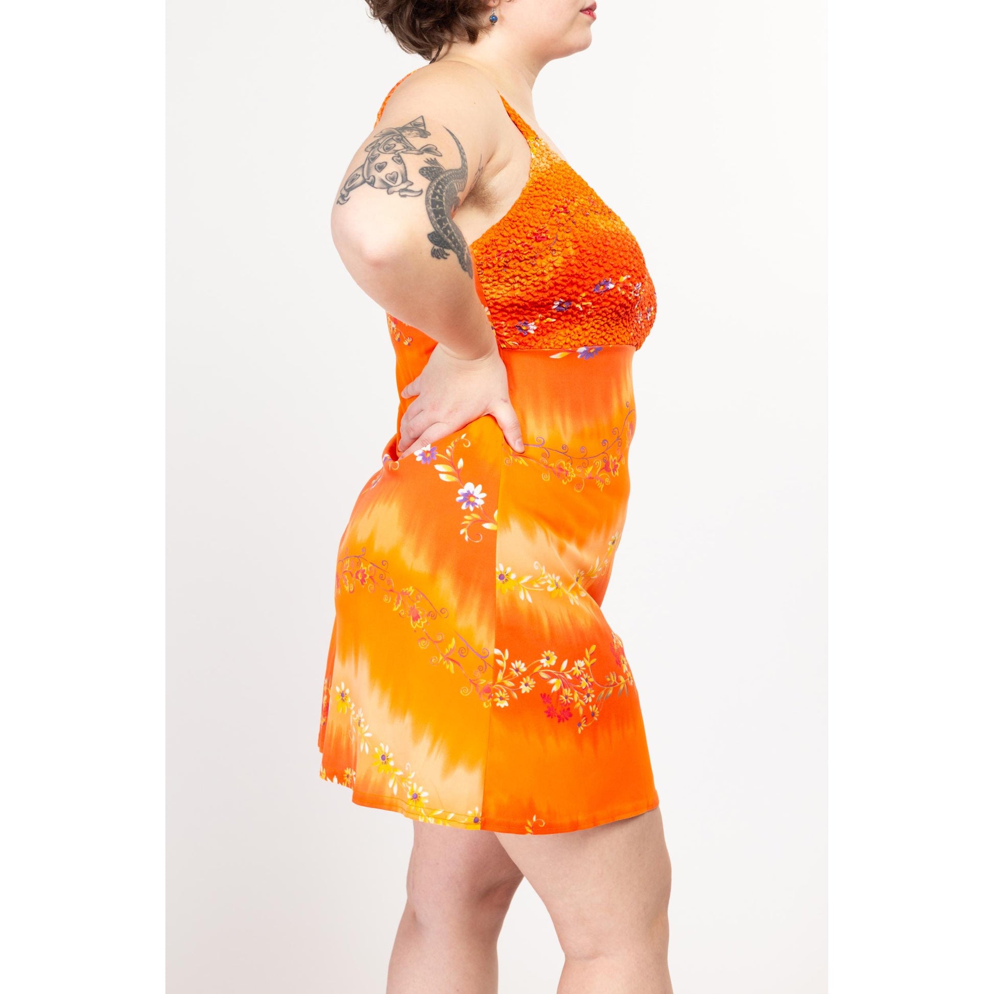 Large 90s Orange Floral Popcorn Bodice Mini Dress | Vintage A Line Boho Tank Sundress