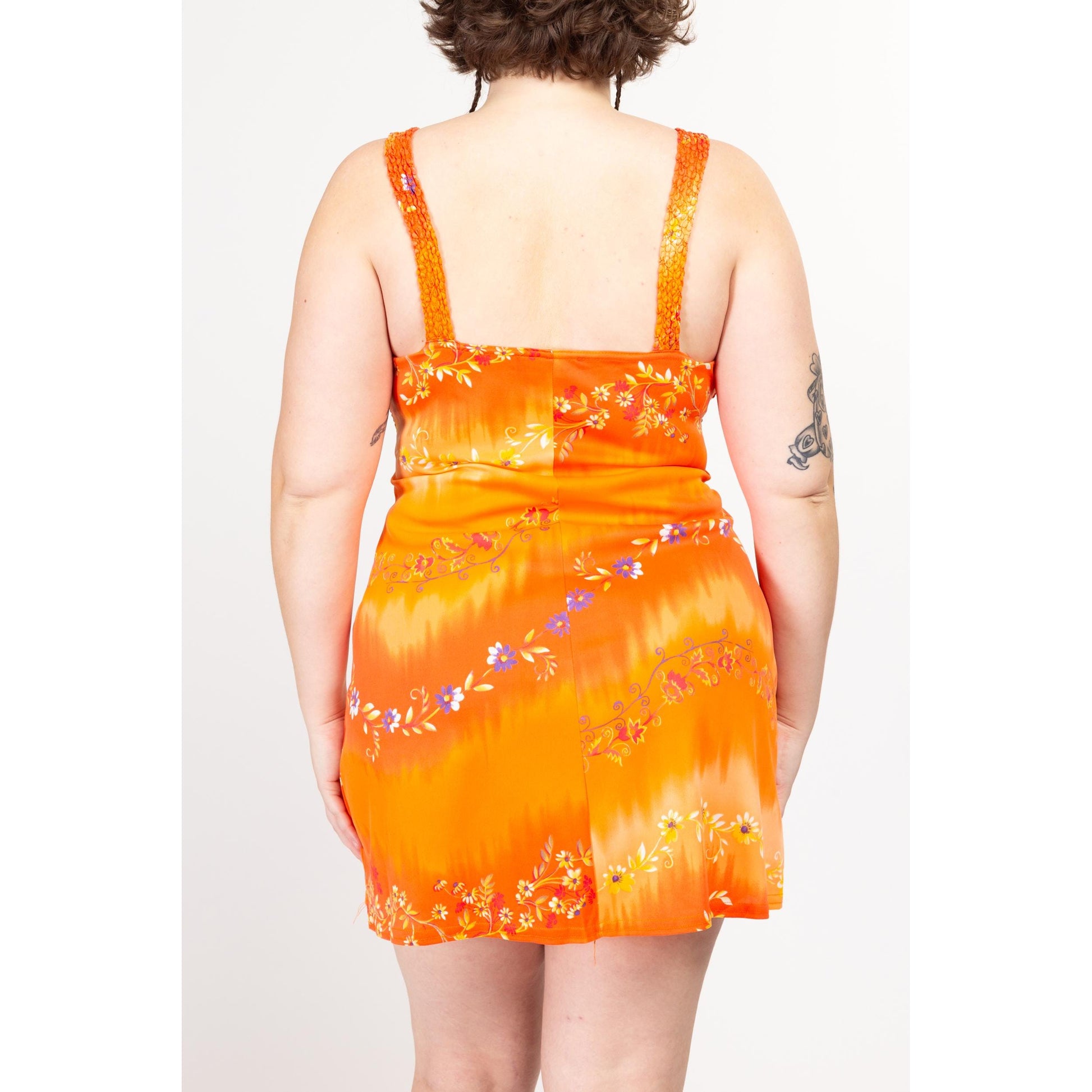 Large 90s Orange Floral Popcorn Bodice Mini Dress | Vintage A Line Boho Tank Sundress