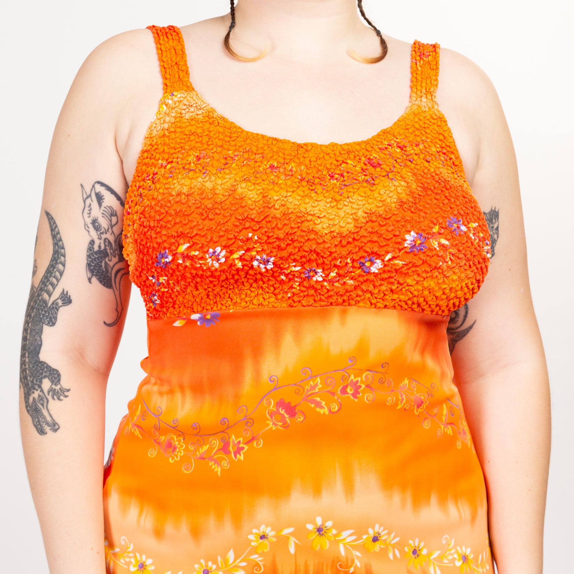 Large 90s Orange Floral Popcorn Bodice Mini Dress | Vintage A Line Boho Tank Sundress