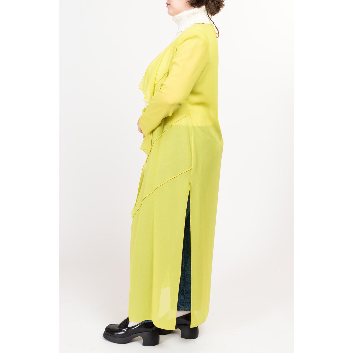 Large 90s Sheer Chartreuse Maxi Cover Up | Boho Vintage Open Fit Long Overshirt Duster