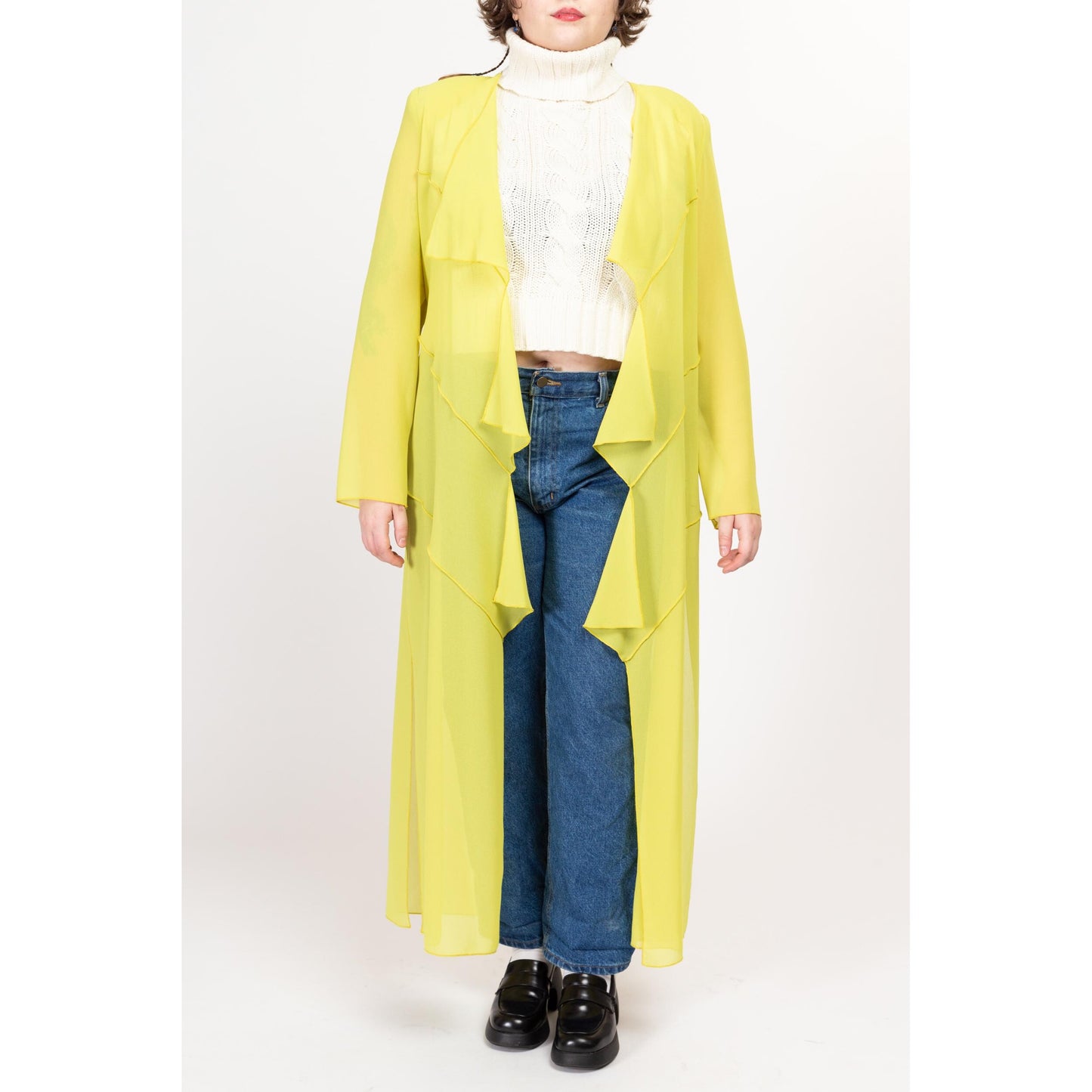 Large 90s Sheer Chartreuse Maxi Cover Up | Boho Vintage Open Fit Long Overshirt Duster