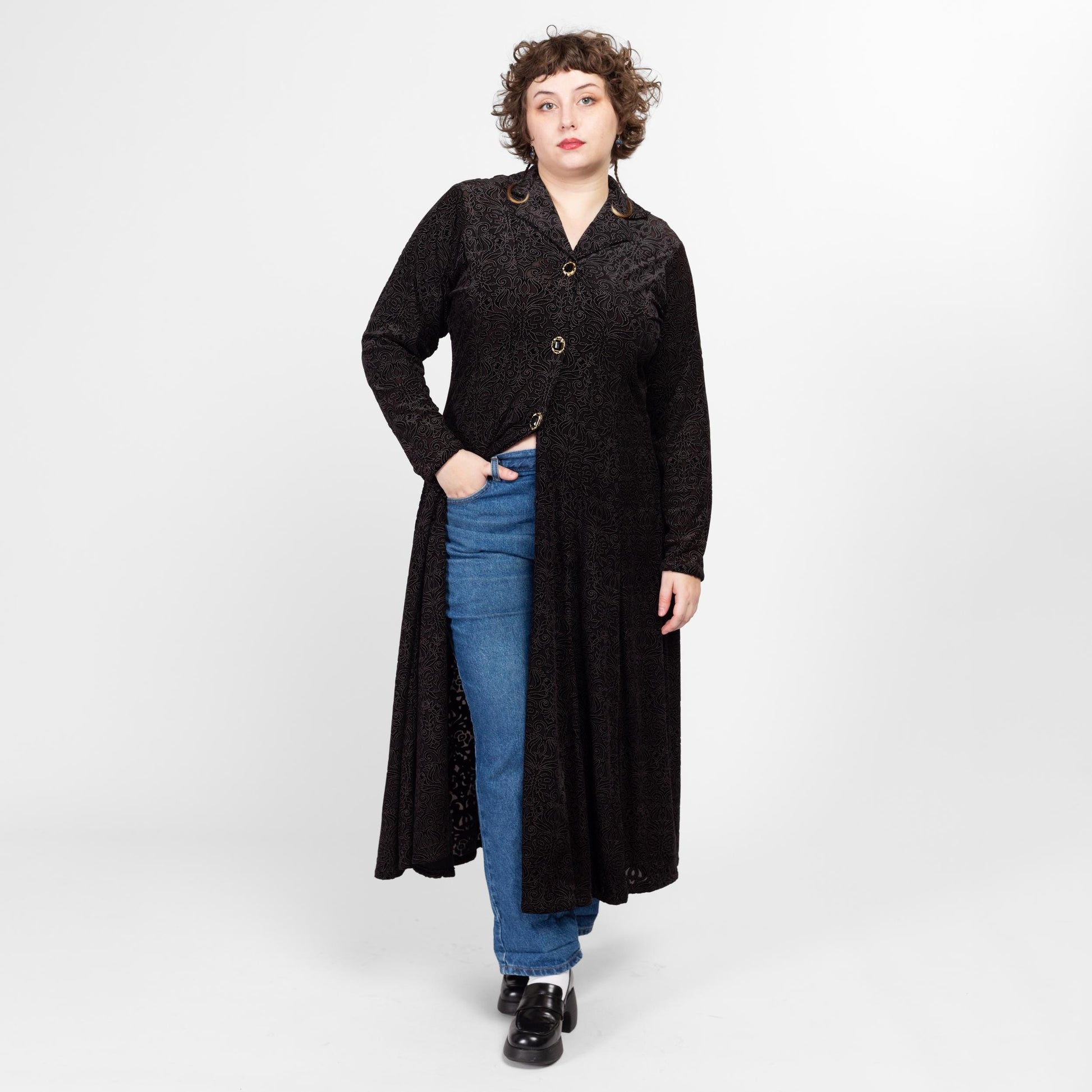 1X 80s Black Velvet Burnout Maxi Overshirt | Vintage Long Sleeve Button Up Shirt Dress Cover Up