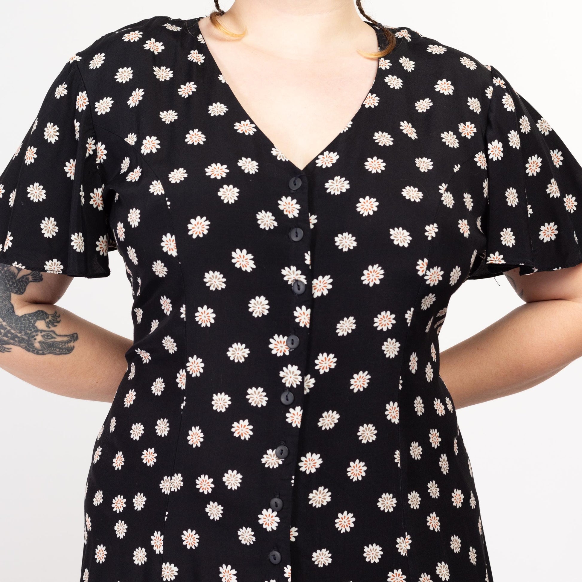 XL 90s Black Daisy Floral Print Corset Back Midi Dress | Vintage Button Up Flutter Sleeve Boho Grunge Shirtdress