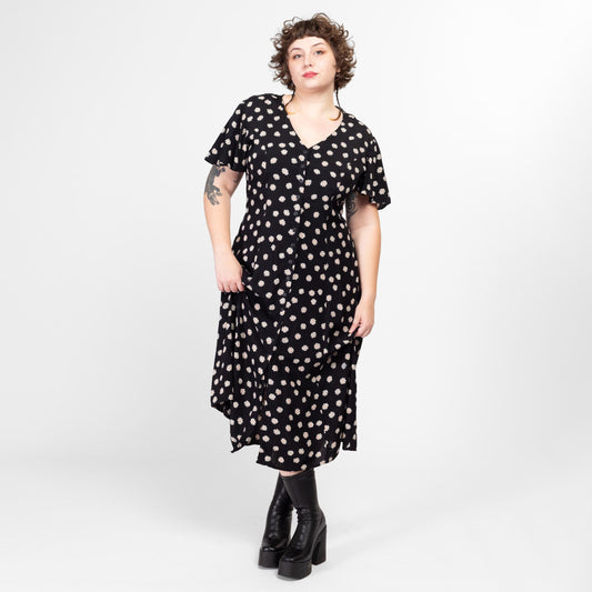 XL 90s Black Daisy Floral Print Corset Back Midi Dress | Vintage Button Up Flutter Sleeve Boho Grunge Shirtdress