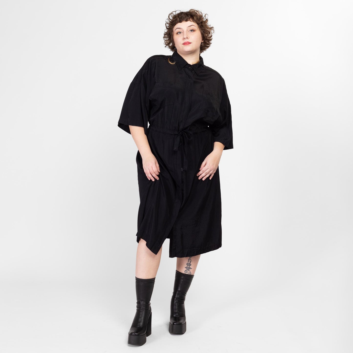 3X 90s Black Drawstring Waist Midi Shirtdress | Vintage 3/4 Sleeve Minimalist Button Up Dress