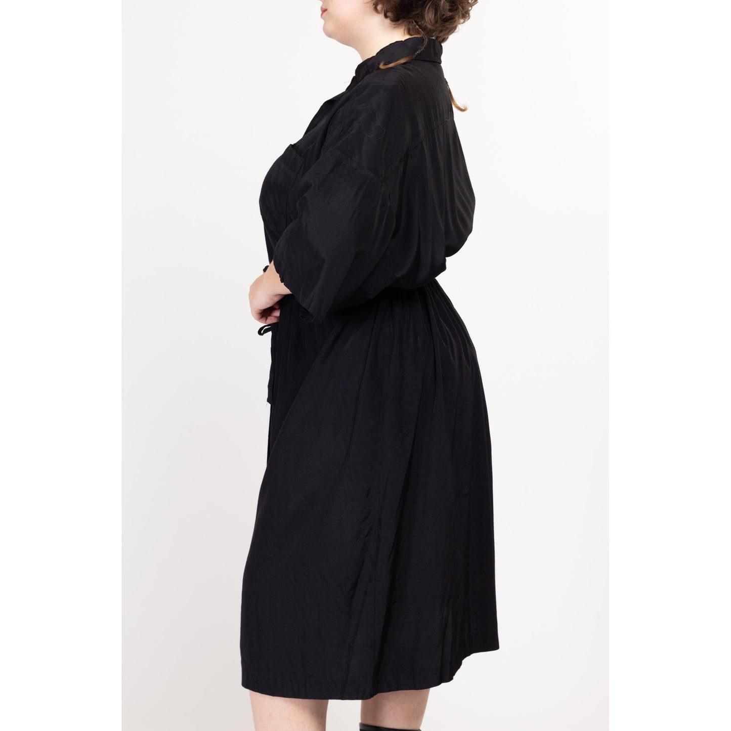 3X 90s Black Drawstring Waist Midi Shirtdress | Vintage 3/4 Sleeve Minimalist Button Up Dress