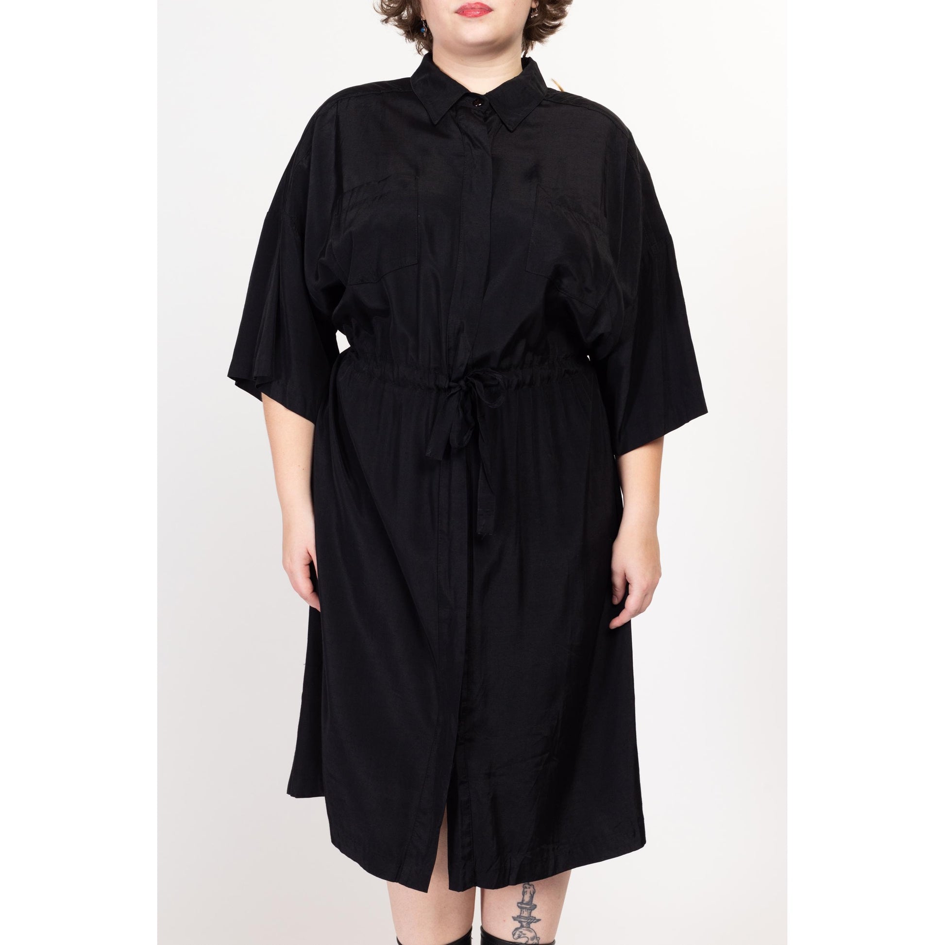 3X 90s Black Drawstring Waist Midi Shirtdress | Vintage 3/4 Sleeve Minimalist Button Up Dress