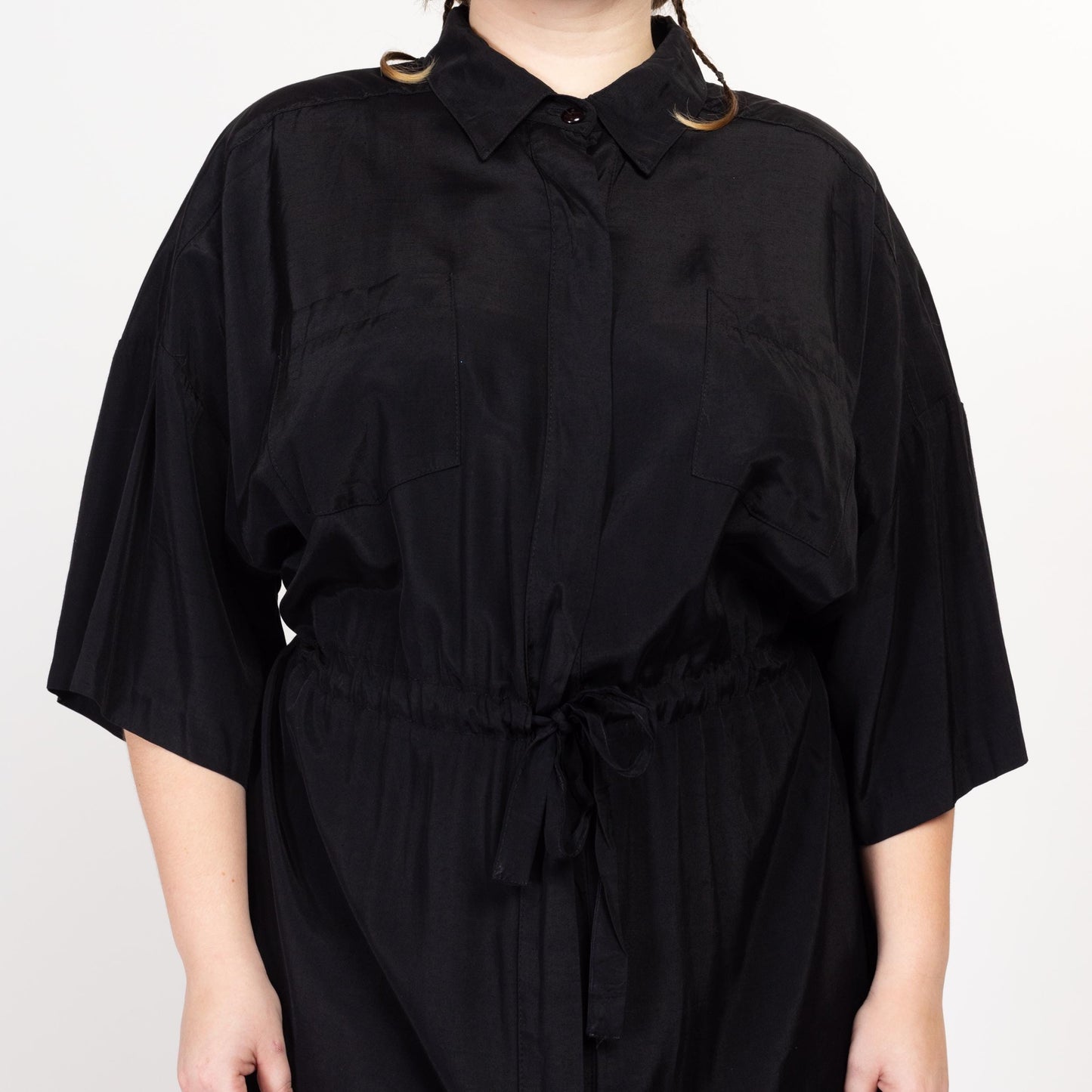 3X 90s Black Drawstring Waist Midi Shirtdress | Vintage 3/4 Sleeve Minimalist Button Up Dress