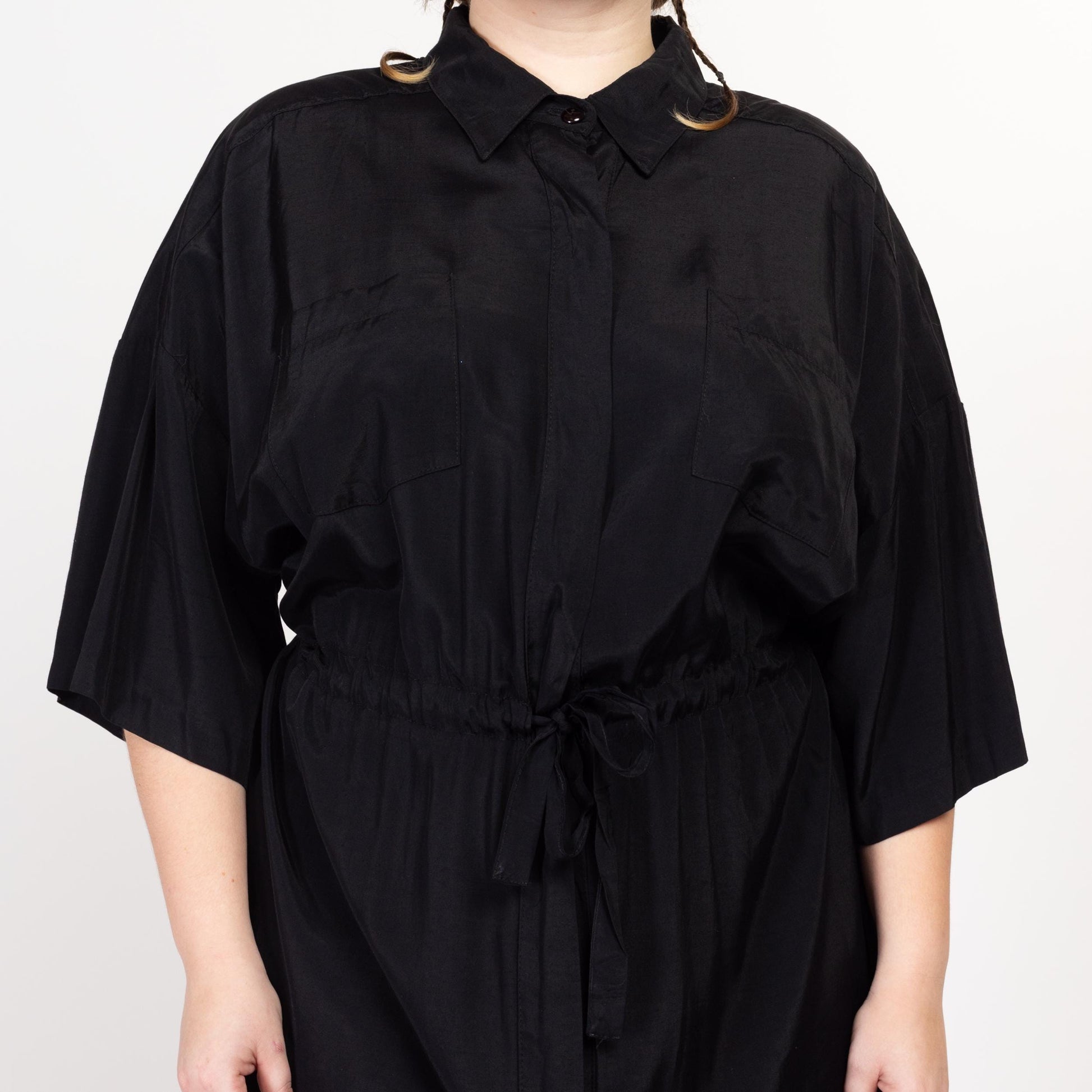 3X 90s Black Drawstring Waist Midi Shirtdress | Vintage 3/4 Sleeve Minimalist Button Up Dress