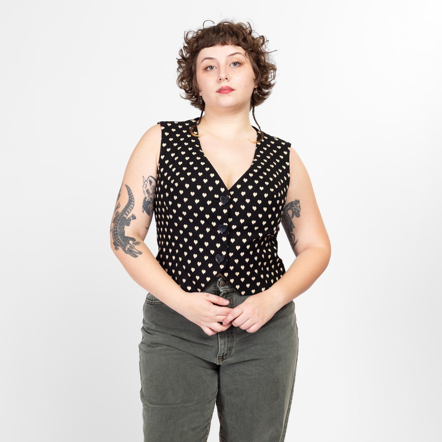 XL 80s Black & White Heart Print Vest | Vintage Novelty Button Up Sleeveless Top