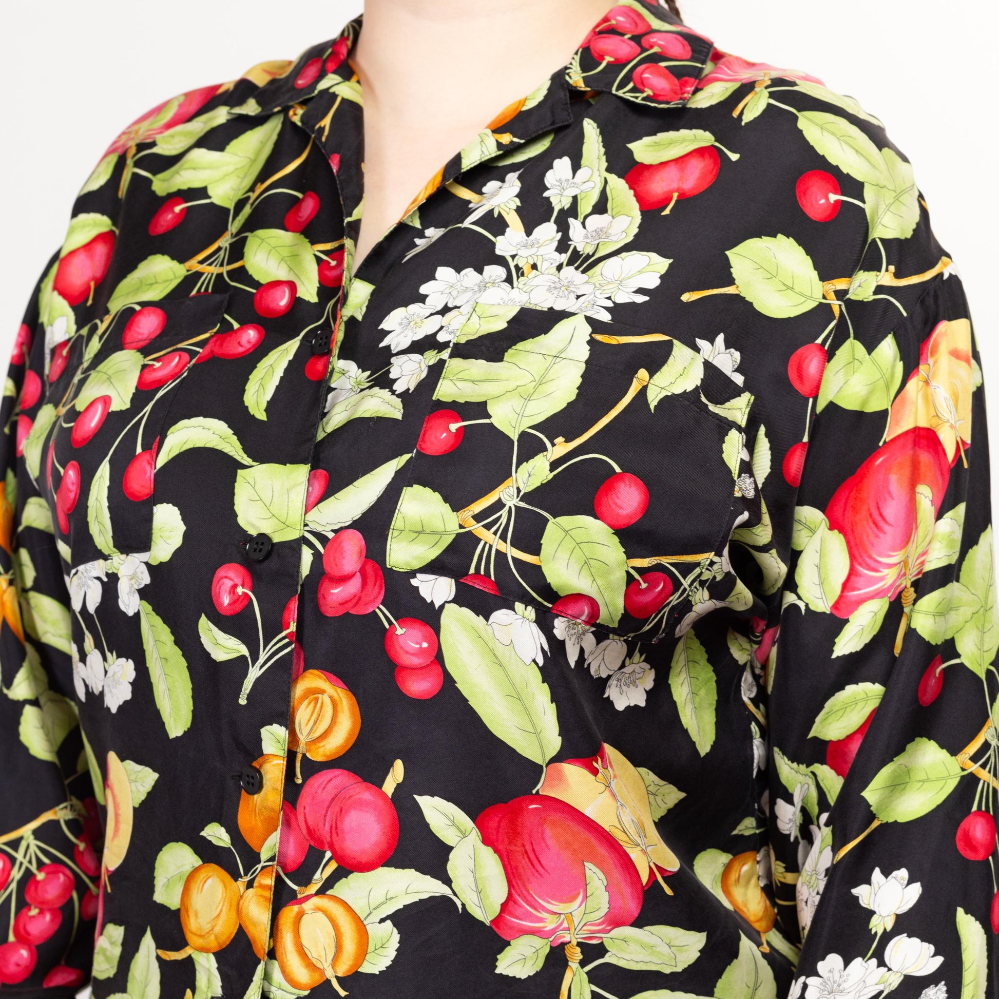 Large 90s Silk Cherry & Peach Print Blouse | Vintage Black Floral Long Sleeve Novelty Fruit Print Button Up Top