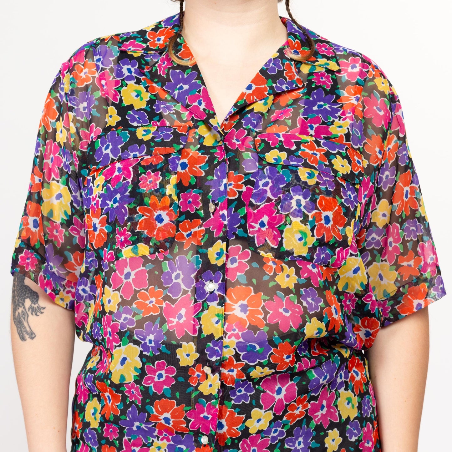 XL 90s Sheer Colorful Floral Blouse | Vintage Short Sleeve Button Up Collared Top