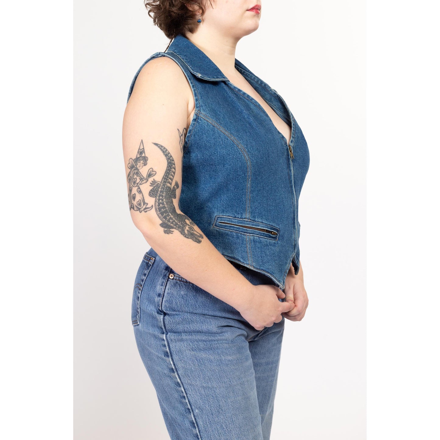 2X 90s Wester Denim Vest | Vintage Sleeveless Blue Jean Zip Up Vest Shirt