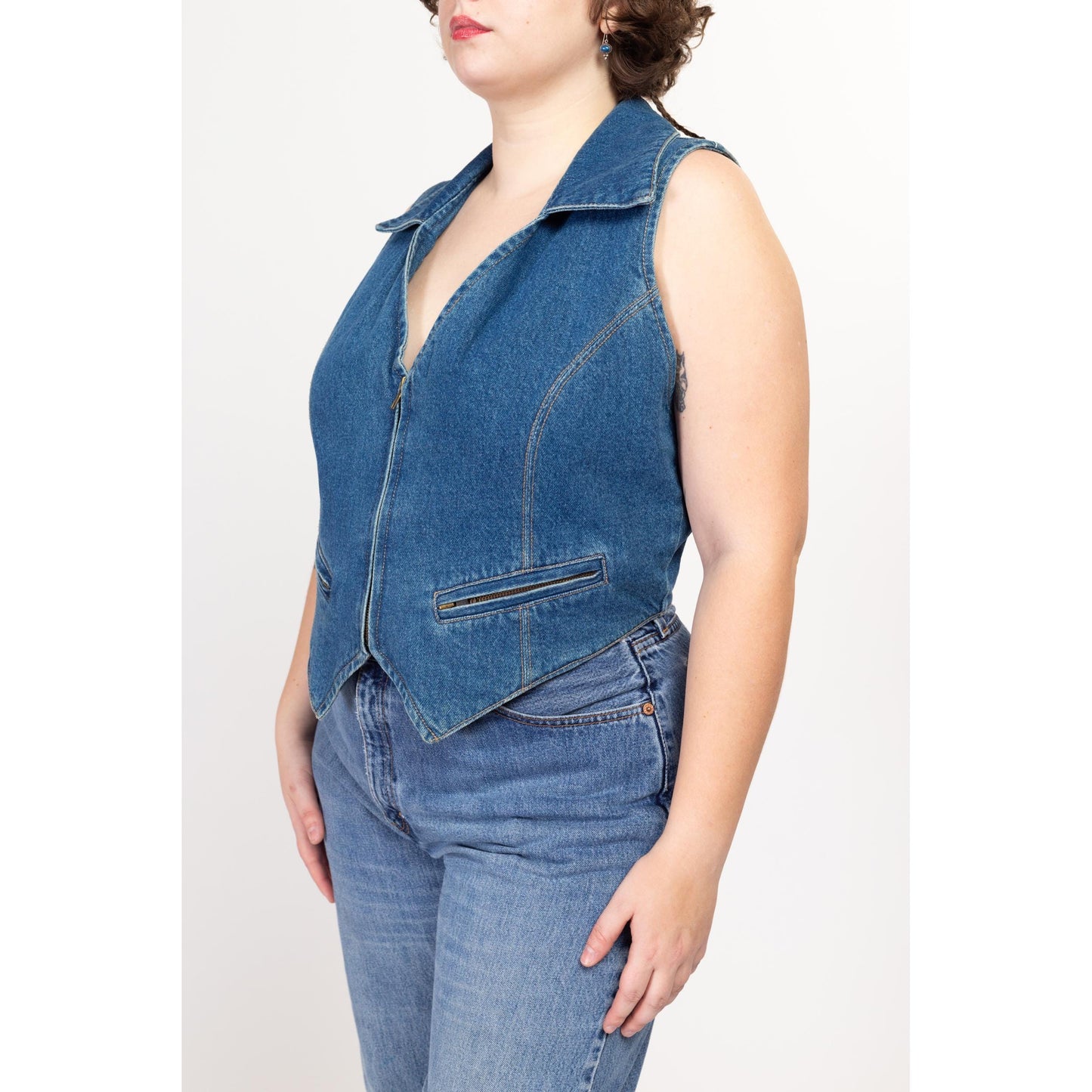 2X 90s Wester Denim Vest | Vintage Sleeveless Blue Jean Zip Up Vest Shirt