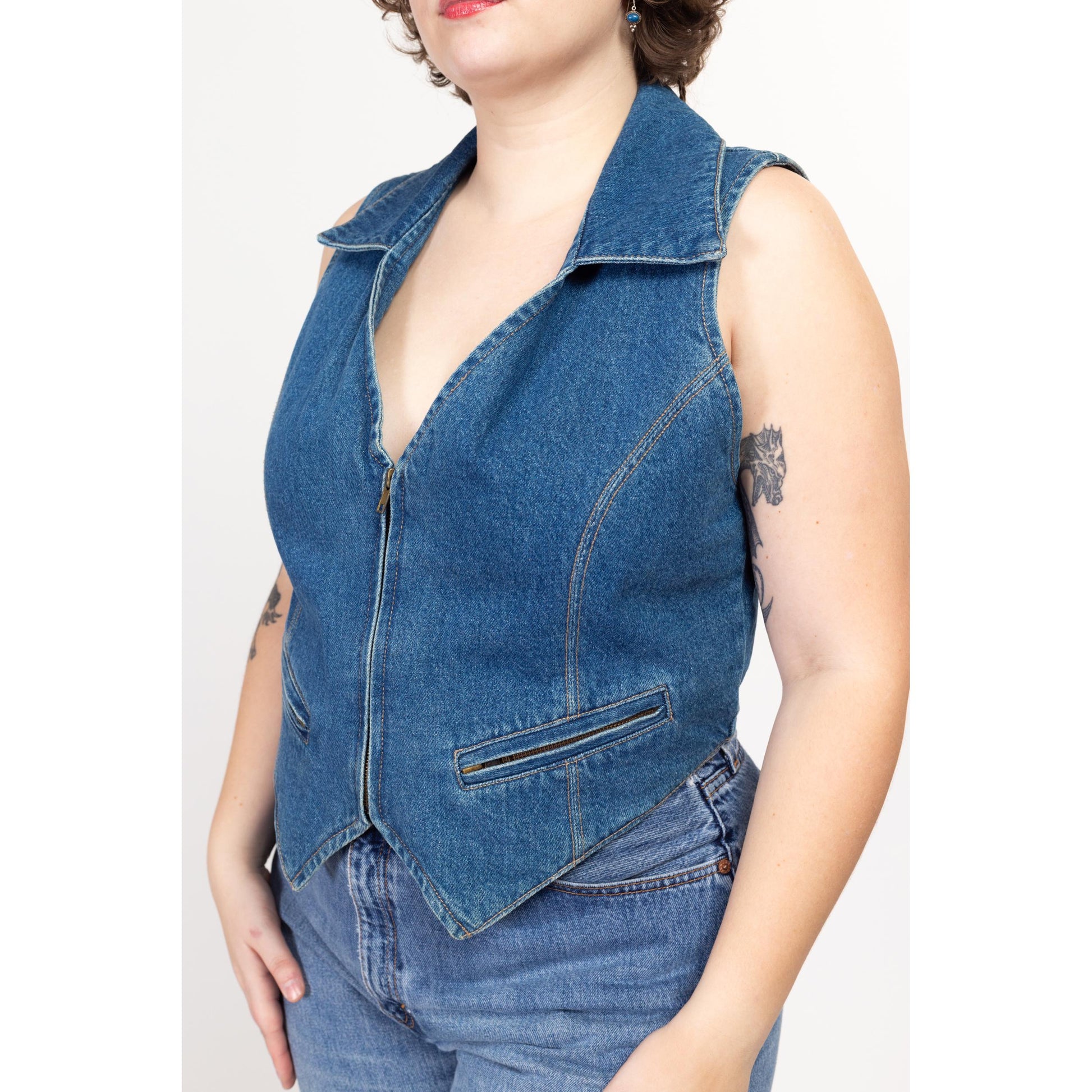 2X 90s Wester Denim Vest | Vintage Sleeveless Blue Jean Zip Up Vest Shirt