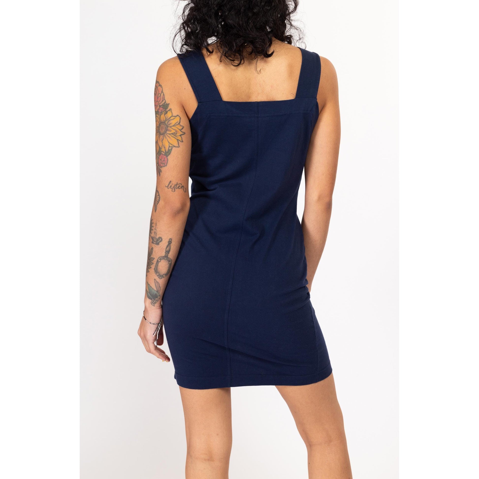 Medium Y2K Sporty Navy Blue Zip Up Bodycon Mini Tank Dress | Vintage Sleeveless Fitted Grunge Dress