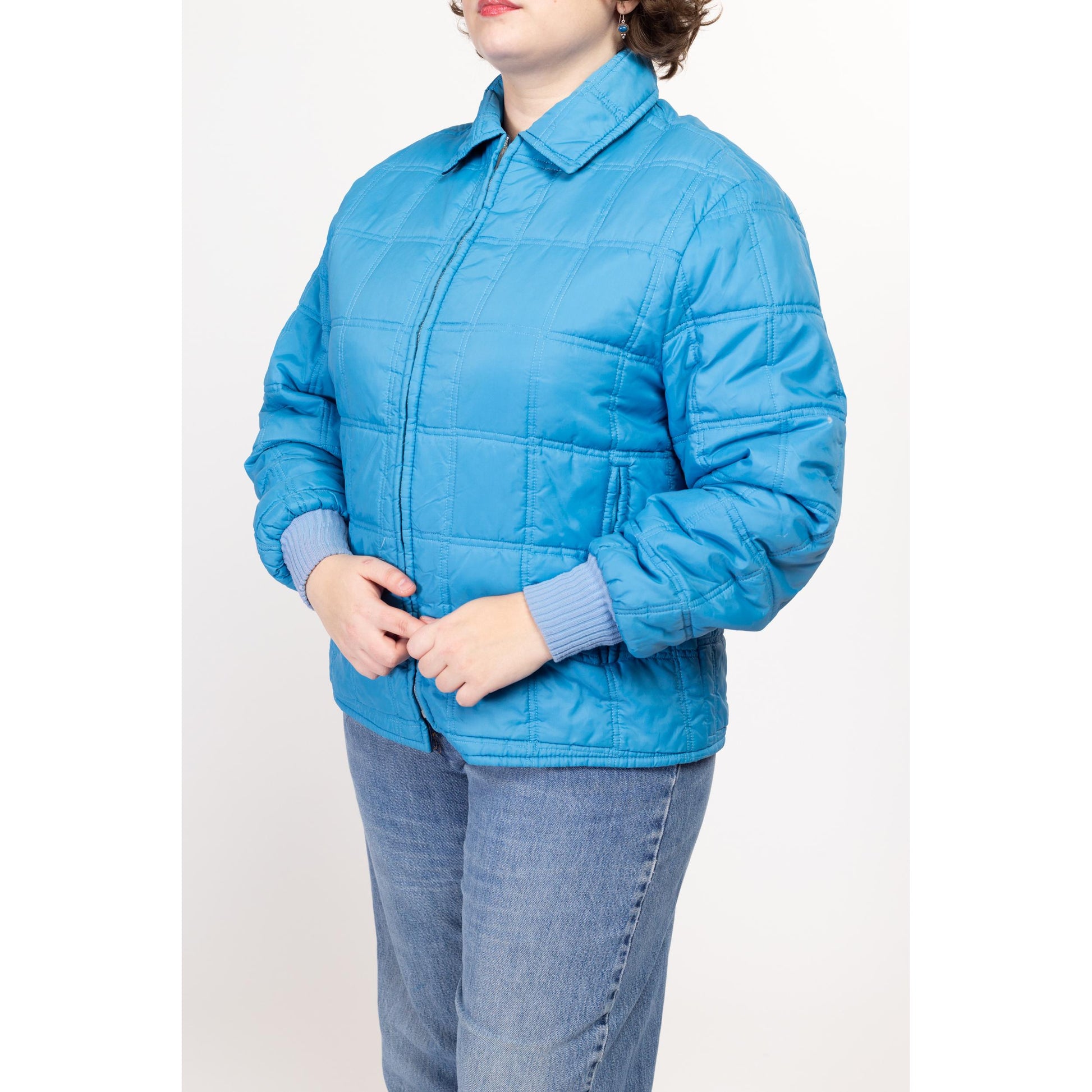 XL 70s Reversible Blue Quilted Jacket | Retro Vintage Zip Up Lightweight Puffer Windbreaker