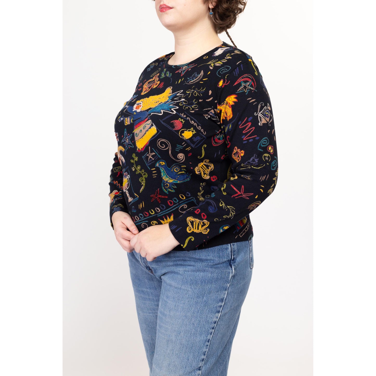 XL 90s Global Village Novelty Print Long Sleeve Top | Vintage Black Beaded Coffeehouse Aesthetic Graphic Shirt