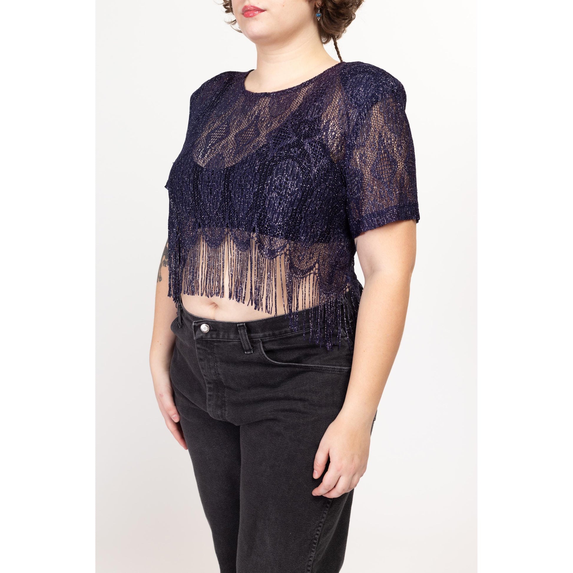 1X 80s Deco Sheer Indigo Metallic Lace Fringe Crop Top | Vintage Sharade Glam Cropped Disco Blouse