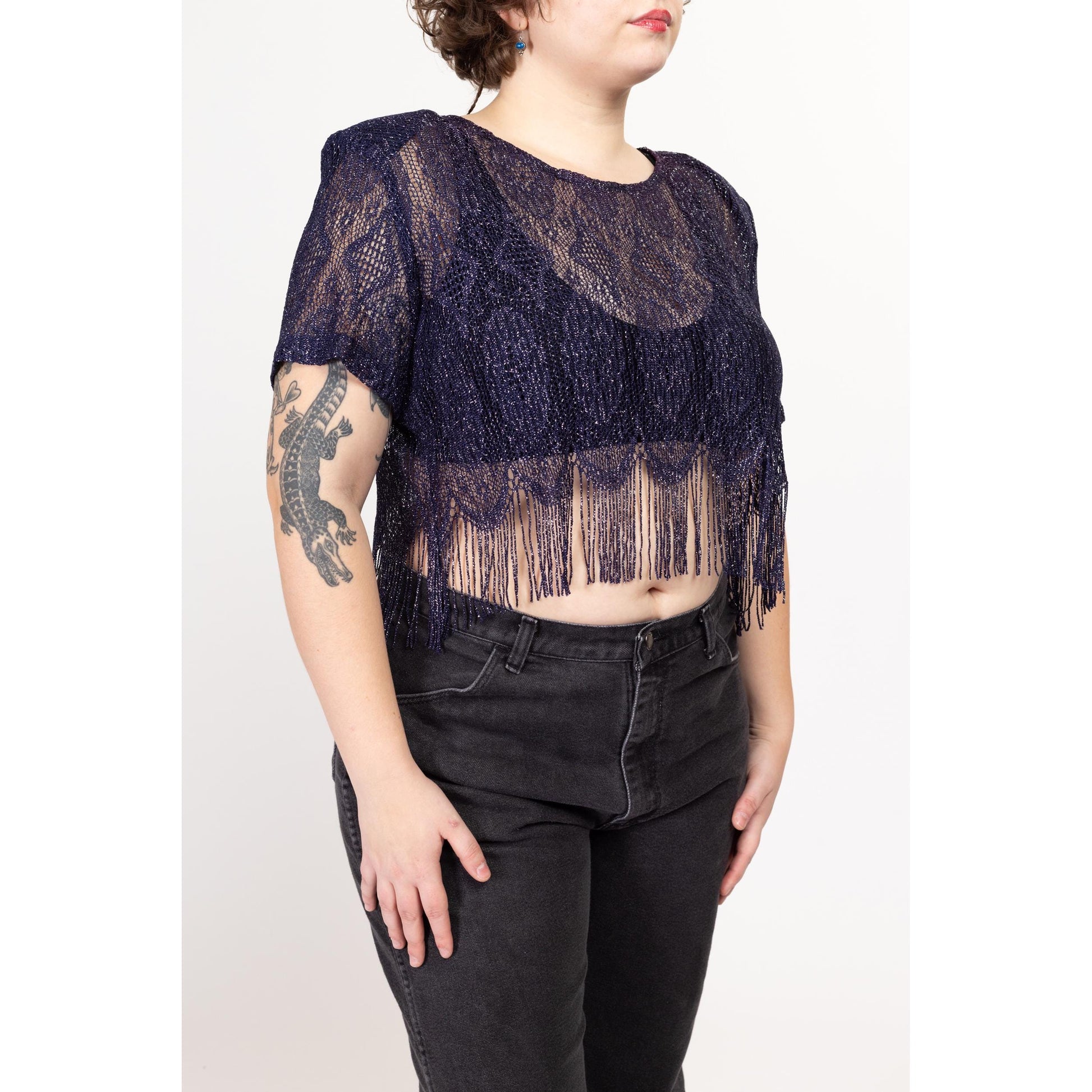 1X 80s Deco Sheer Indigo Metallic Lace Fringe Crop Top | Vintage Sharade Glam Cropped Disco Blouse