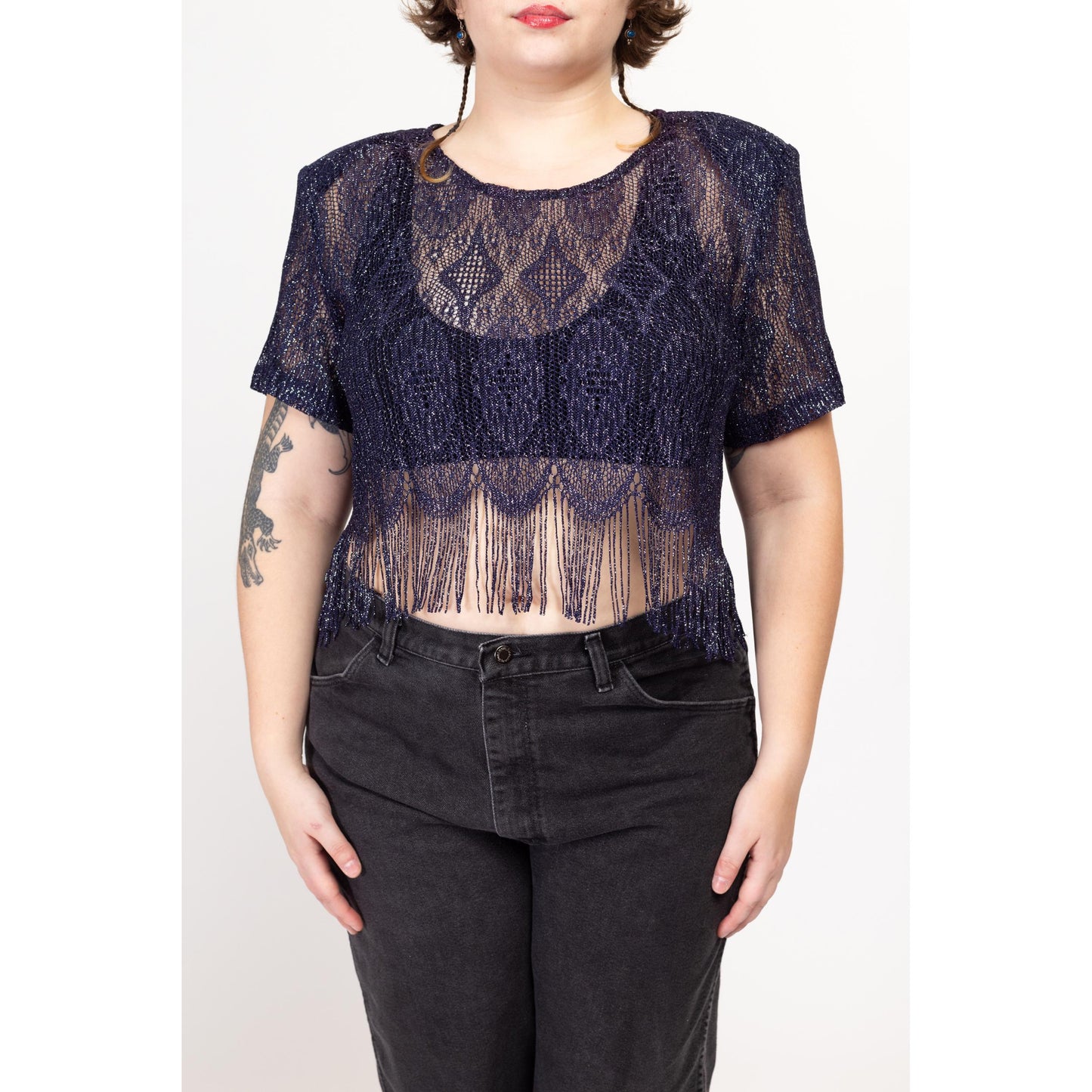 1X 80s Deco Sheer Indigo Metallic Lace Fringe Crop Top | Vintage Sharade Glam Cropped Disco Blouse