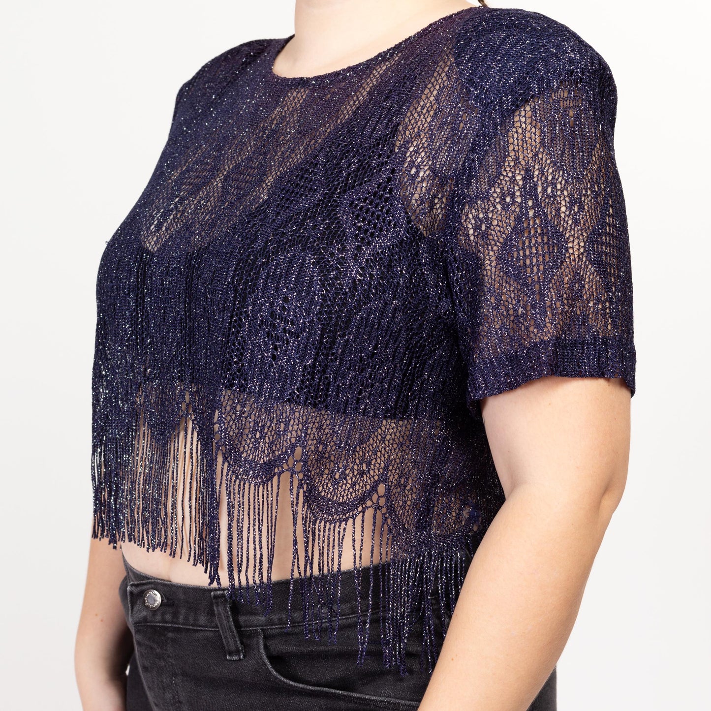 1X 80s Deco Sheer Indigo Metallic Lace Fringe Crop Top | Vintage Sharade Glam Cropped Disco Blouse