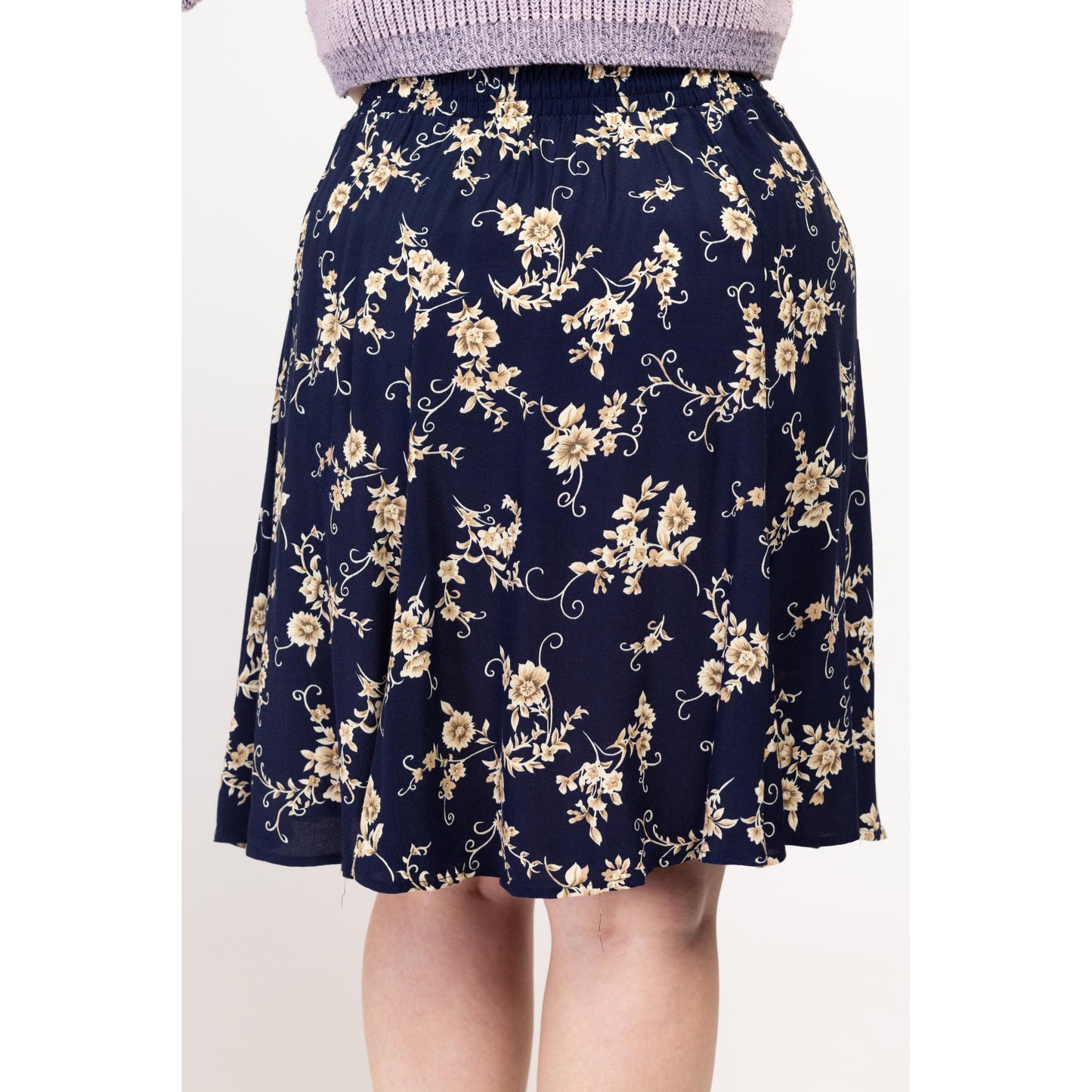 Large 90s Navy Floral Knee Length Skirt 31"-35" | Vintage High Waisted Flowy Mini Midi Skater Skirt