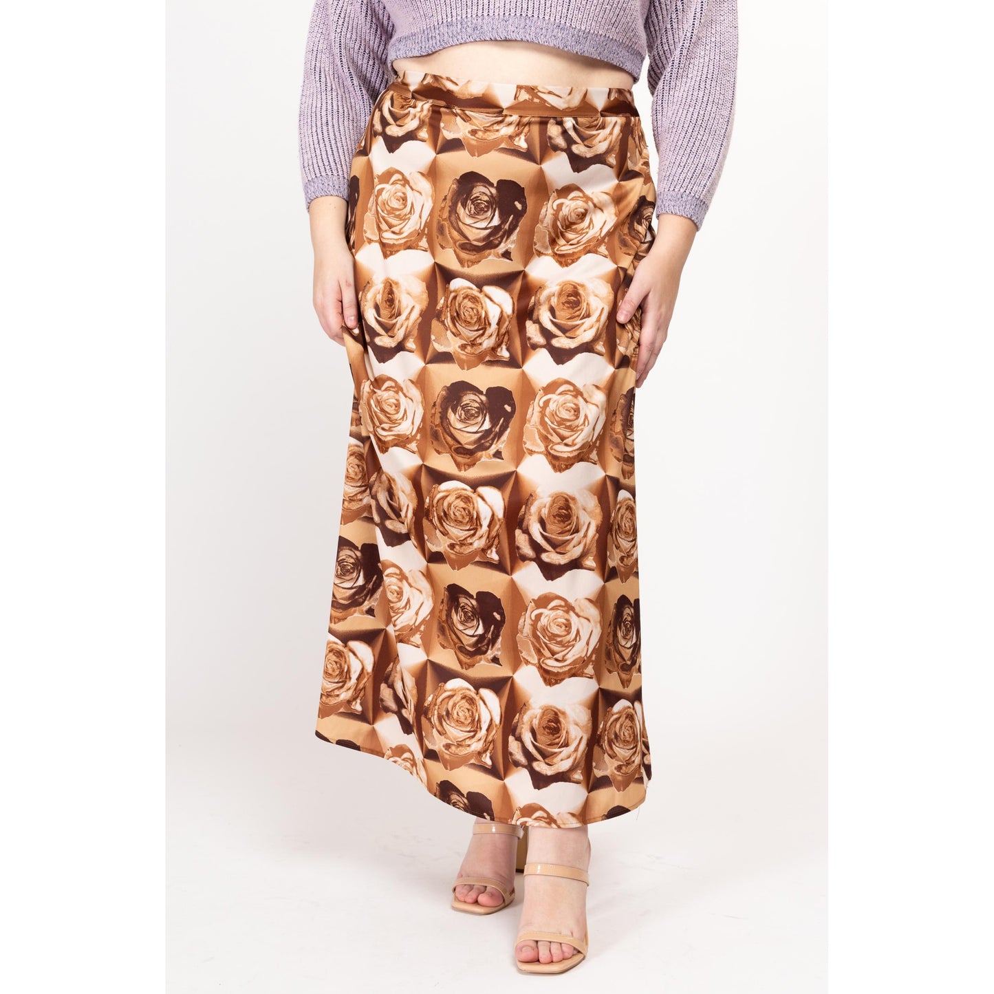 Lrg-XL 90s Brown Rose Floral Print Maxi Skirt | Vintage High Waisted A Line Boho Skirt