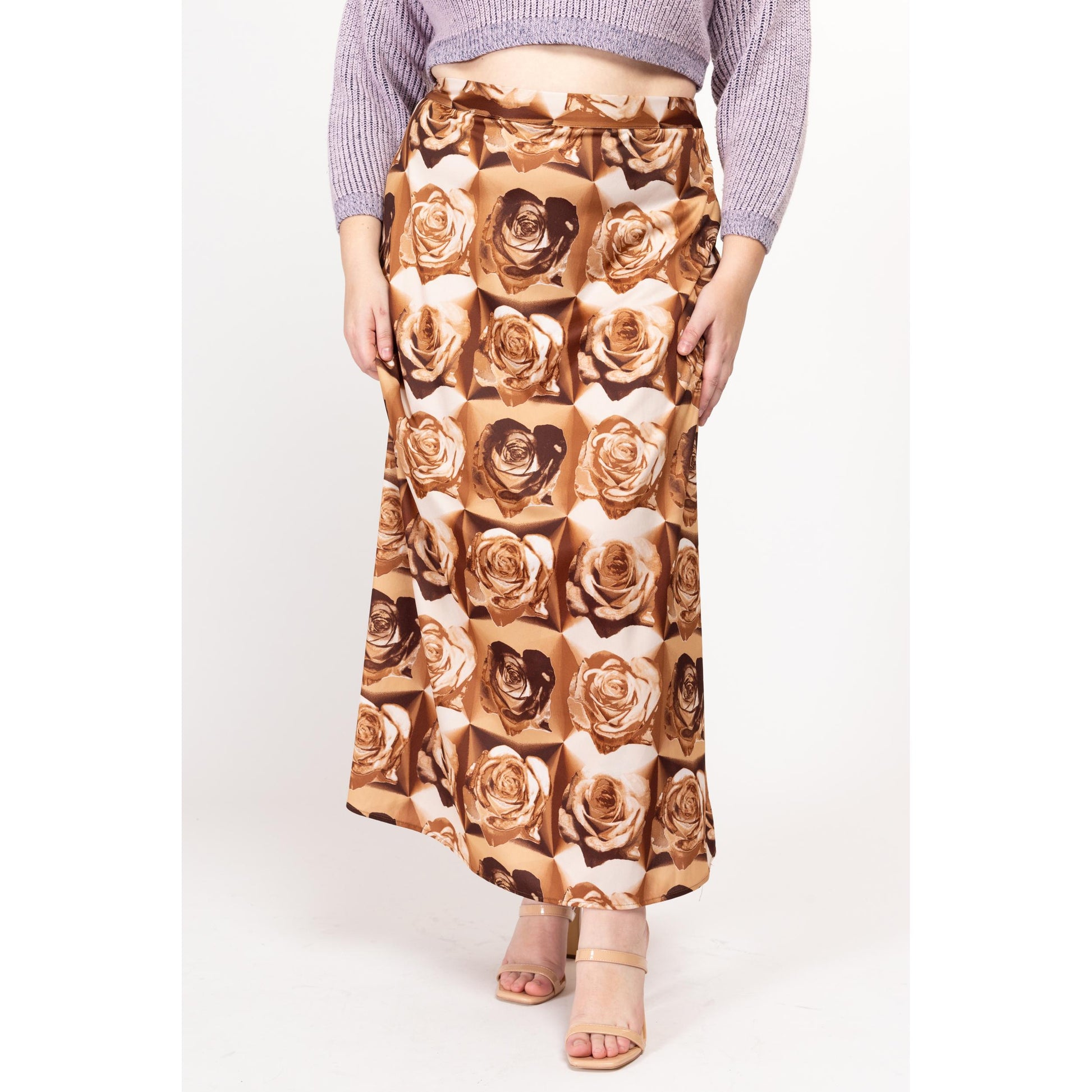 Lrg-XL 90s Brown Rose Floral Print Maxi Skirt | Vintage High Waisted A Line Boho Skirt