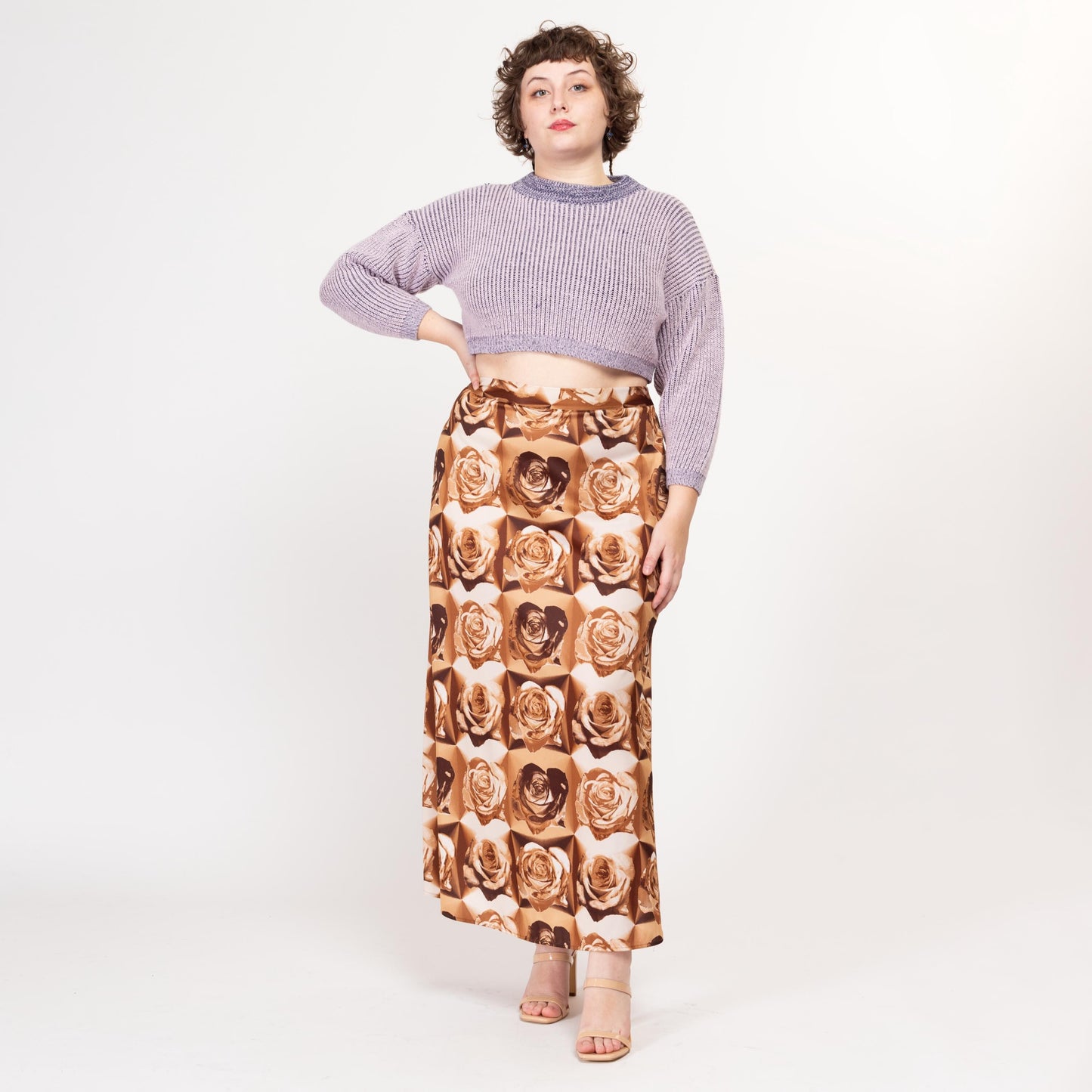 Lrg-XL 90s Brown Rose Floral Print Maxi Skirt | Vintage High Waisted A Line Boho Skirt