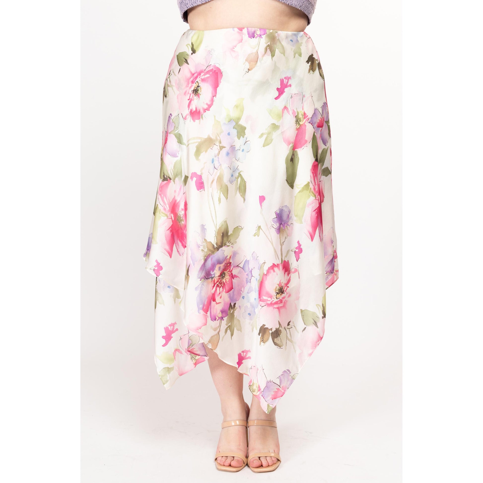 Large 90s Y2K Ralph Lauren Silk Floral Handkerchief Maxi Skirt | Vintage Boho Fairy Scarf Hem White Pink Slip Skirt