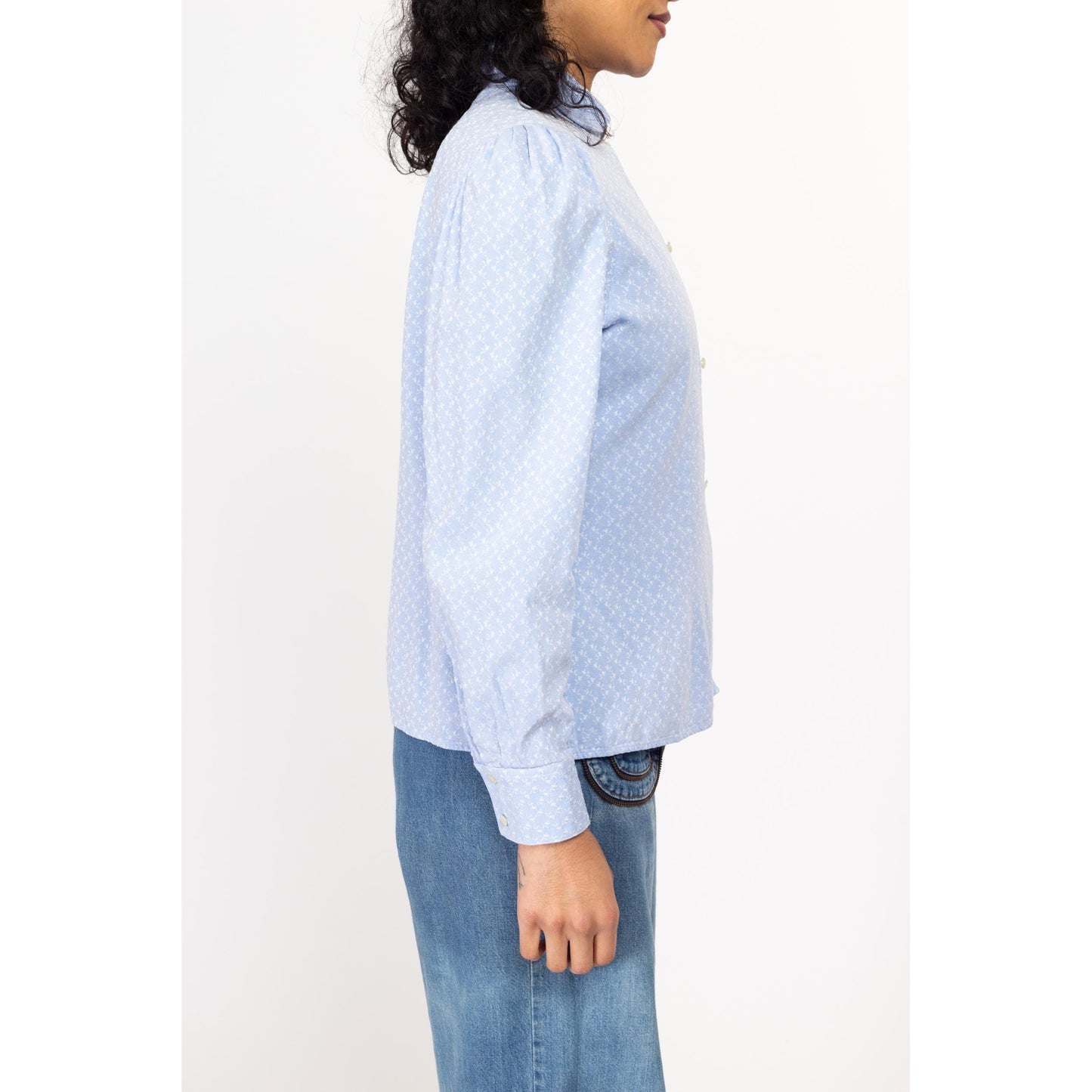 Medium 80s Baby Blue Embroidered French Cotton Shirt | Vintage Puff Sleeve Double Breasted Button Up Cottagecore Blouse