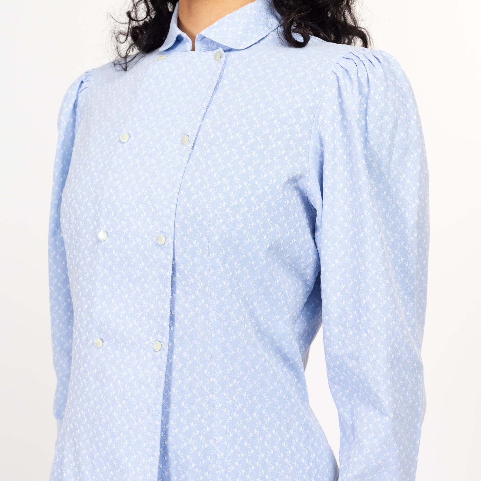 Medium 80s Baby Blue Embroidered French Cotton Shirt | Vintage Puff Sleeve Double Breasted Button Up Cottagecore Blouse