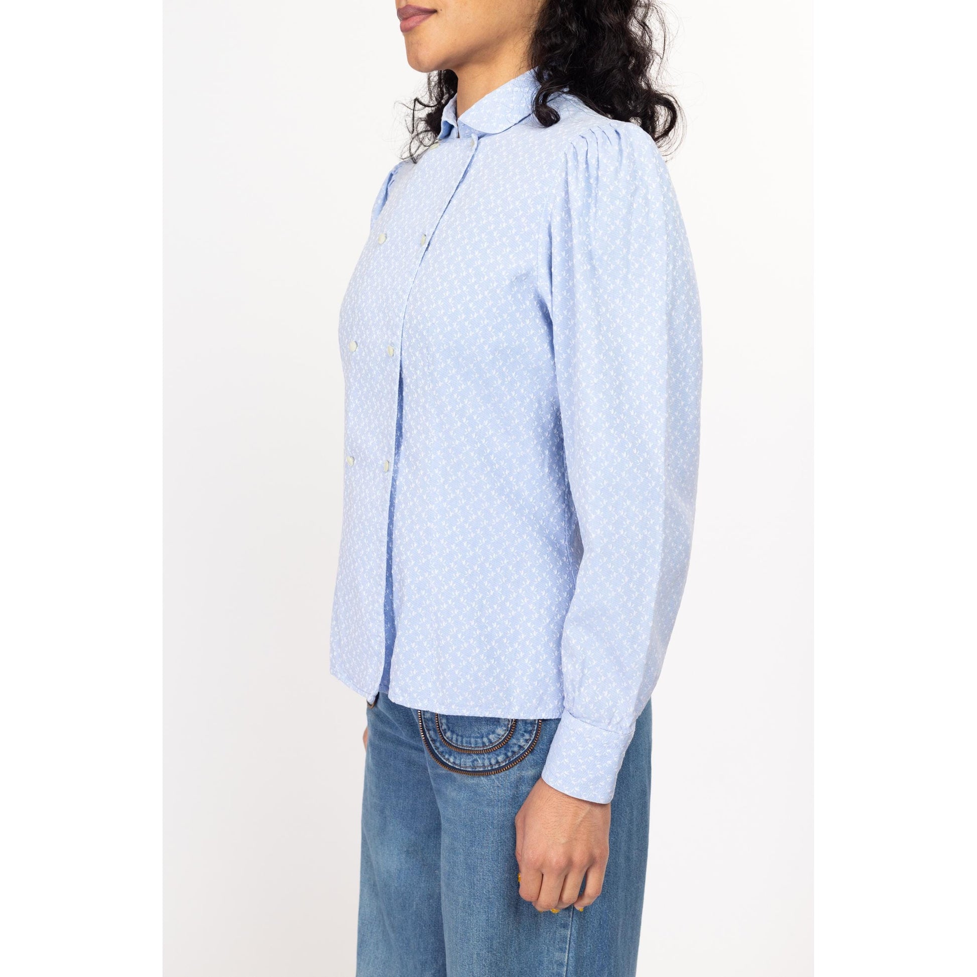 Medium 80s Baby Blue Embroidered French Cotton Shirt | Vintage Puff Sleeve Double Breasted Button Up Cottagecore Blouse