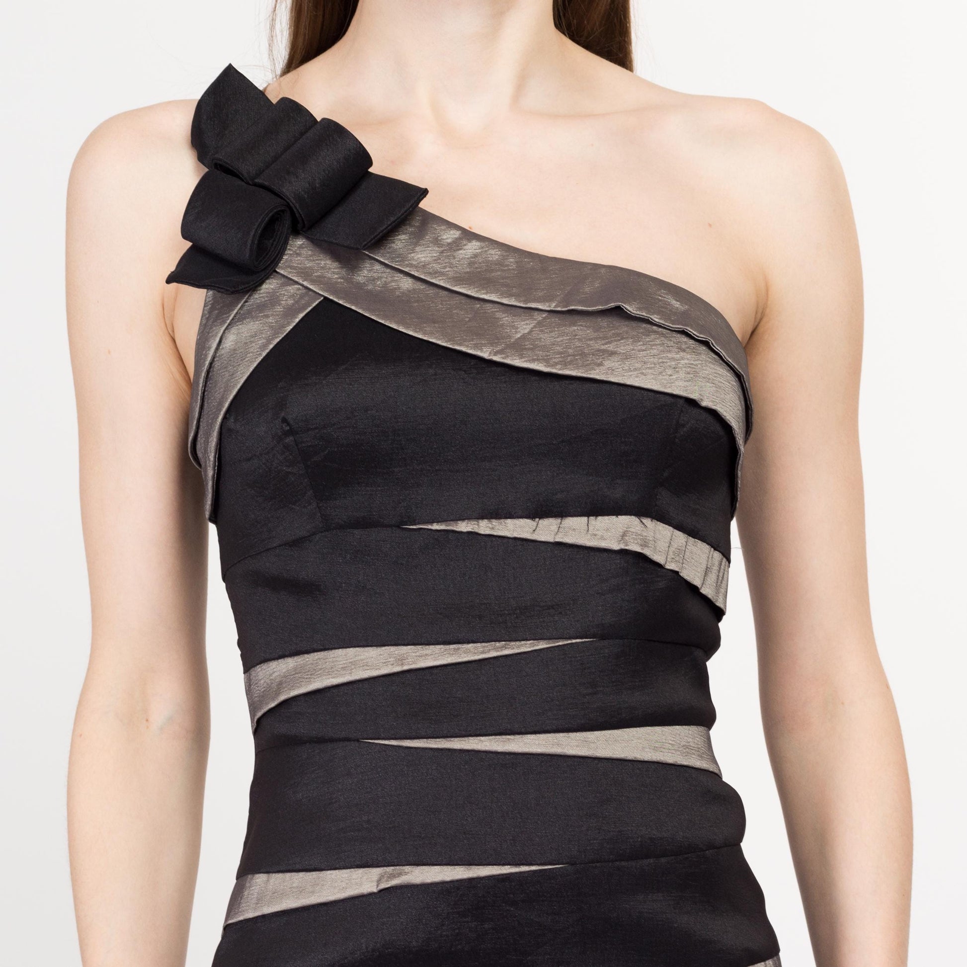 XS-Sm 90s Cache One Shoulder Slashed Cocktail Dress | Vintage Black Taupe Striped Bandage Sleeveless Mini Party Dress