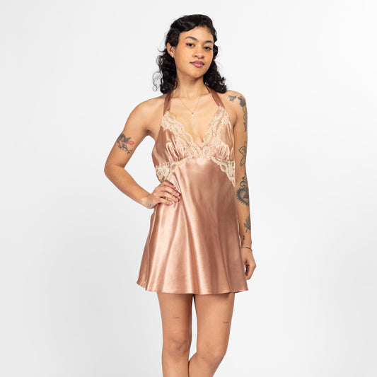 Large Y2K Frederick's Of Hollywood Rose Gold Satin & Lace Mini Halter Slip Dress | Vintage Low Back Bias Cut Lingerie Nightie