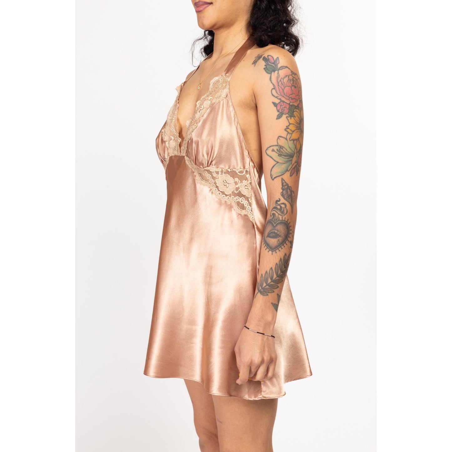 Large Y2K Frederick's Of Hollywood Rose Gold Satin & Lace Mini Halter Slip Dress | Vintage Low Back Bias Cut Lingerie Nightie