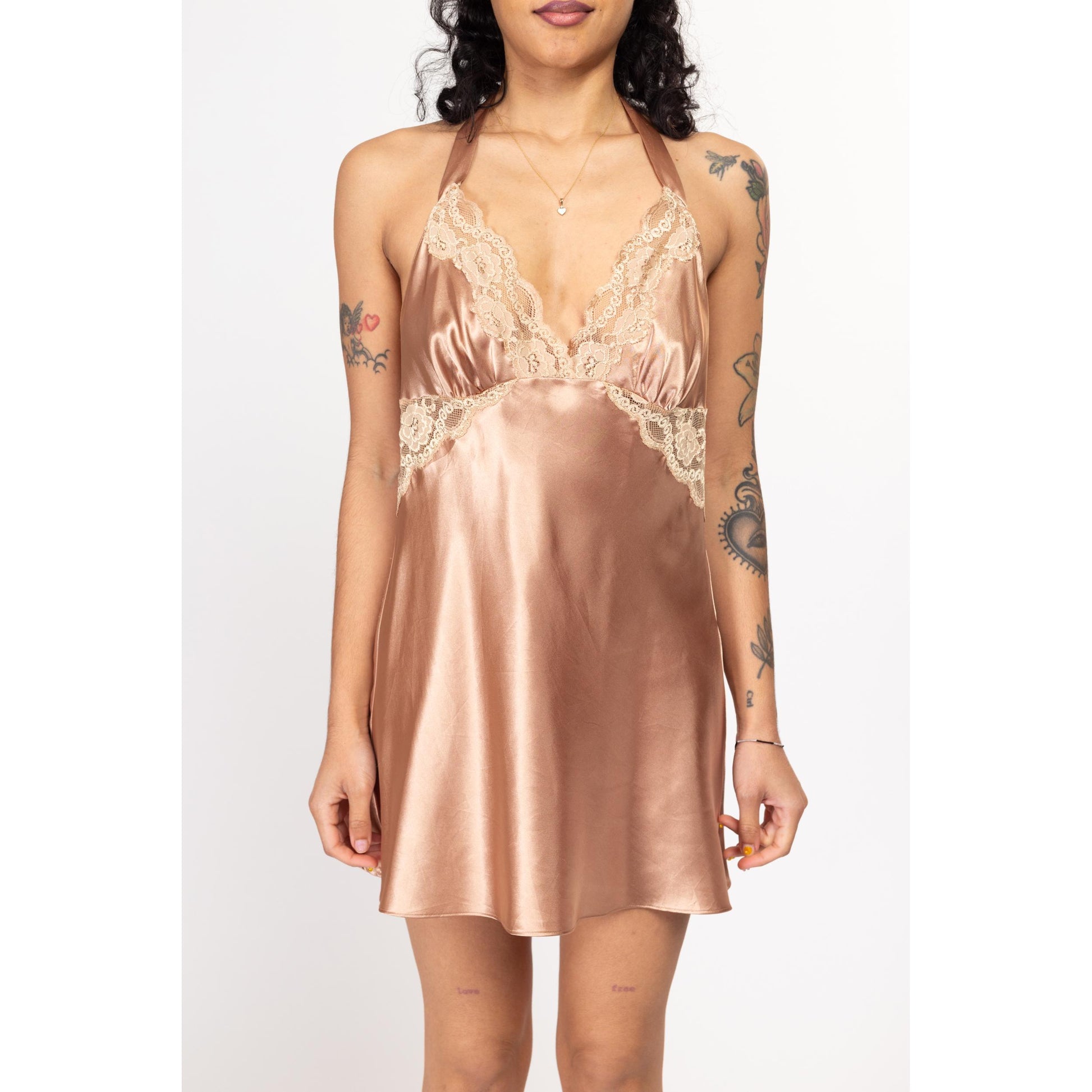 Large Y2K Frederick's Of Hollywood Rose Gold Satin & Lace Mini Halter Slip Dress | Vintage Low Back Bias Cut Lingerie Nightie